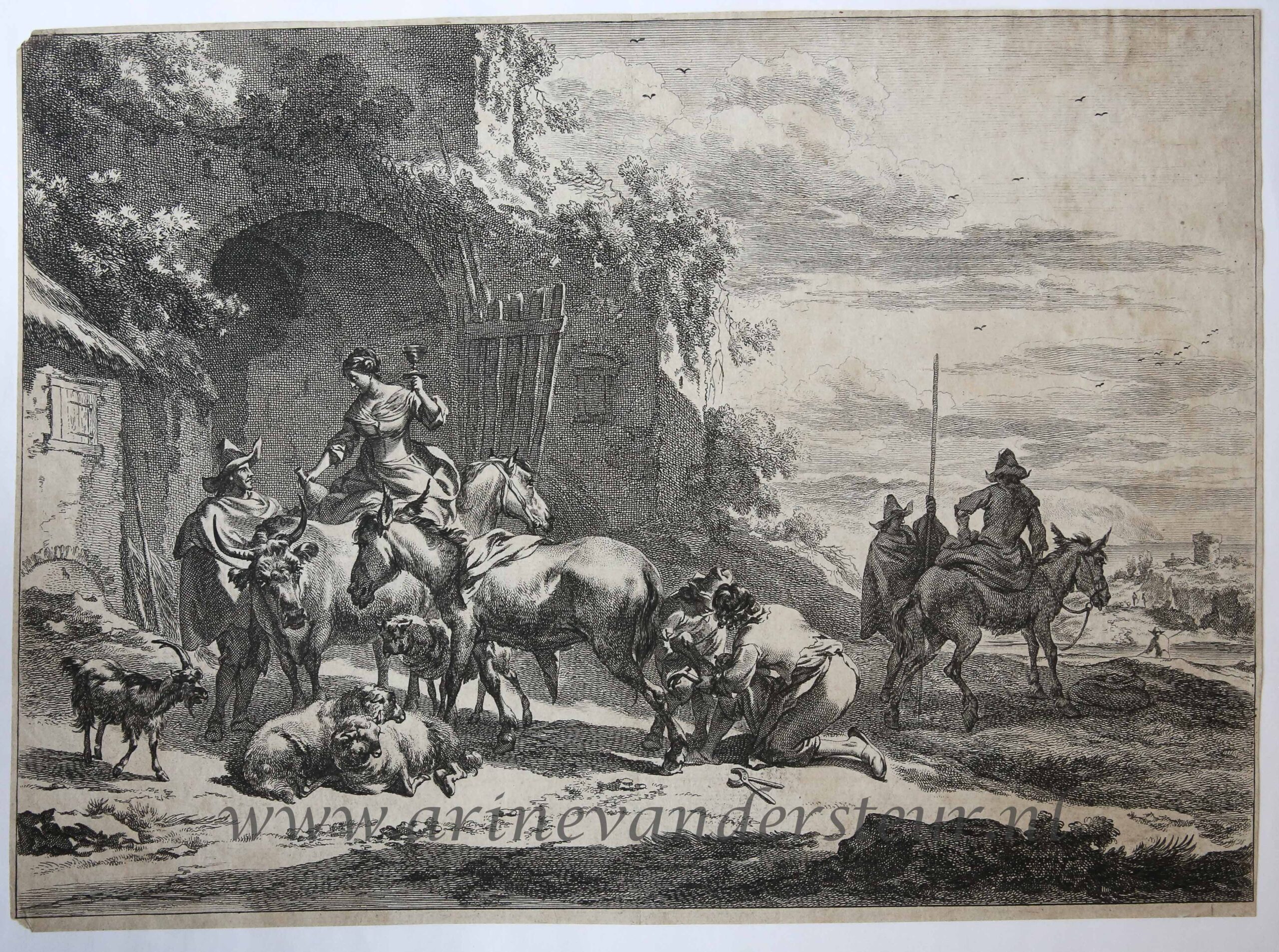 [Antique print, etching and engraving] Farrier shoeing a donkey/Hoefsmid beslaat een ezel, ca 1650-1700.