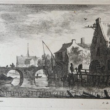 [Antique print, etching and engraving] Watermill near a bridge. [Regiunculæ Amoenissimæ eleganter delineate Johanne van Goyen et æri incisæ per Johannem de Visscher], published after 1653.