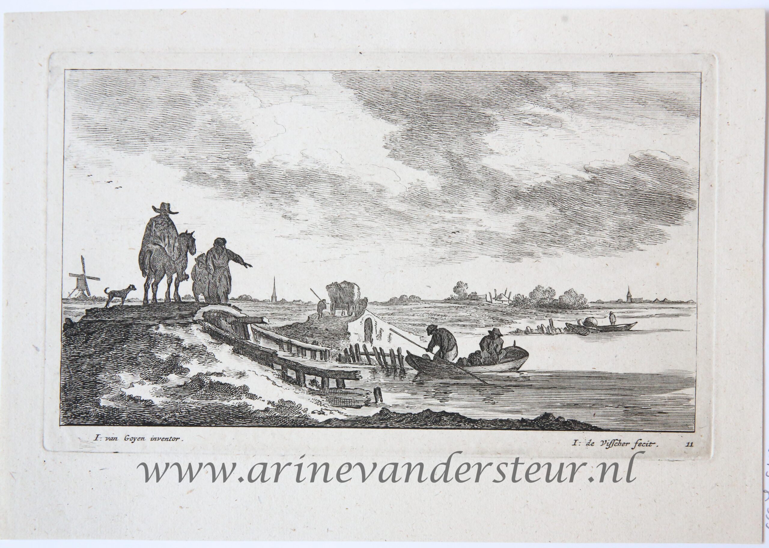 [Antique print, etching and engraving] Travellers crossing a bridge on a river [Regiunculæ Amoenissimæ eleganter delineate Johanne van Goyen et æri incisæ per Johannem de Visscher], published after 1653.