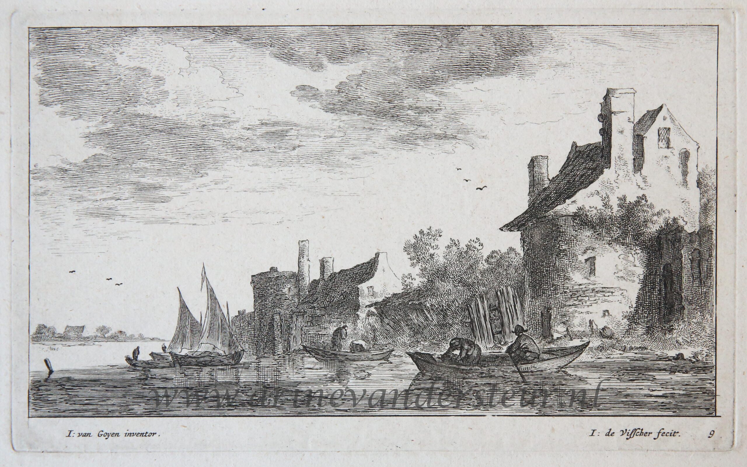 [Antique print, etching and engraving] River landscape [Regiunculæ Amoenissimæ eleganter delineate Johanne van Goyen et æri incisæ per Johannem de Visscher], published after 1653.