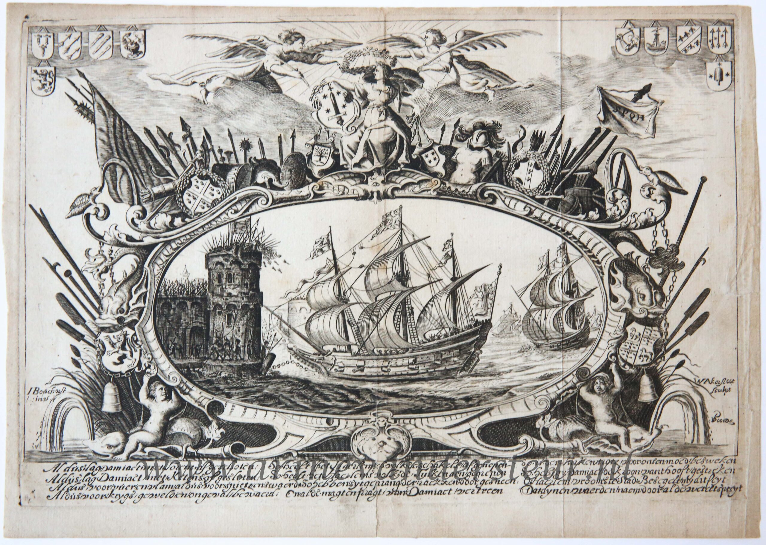 [antique print, etching] Unknown master after W.O. Akersloot after J. P. van Bouckhorst, The capture of Damietta, after 1628.