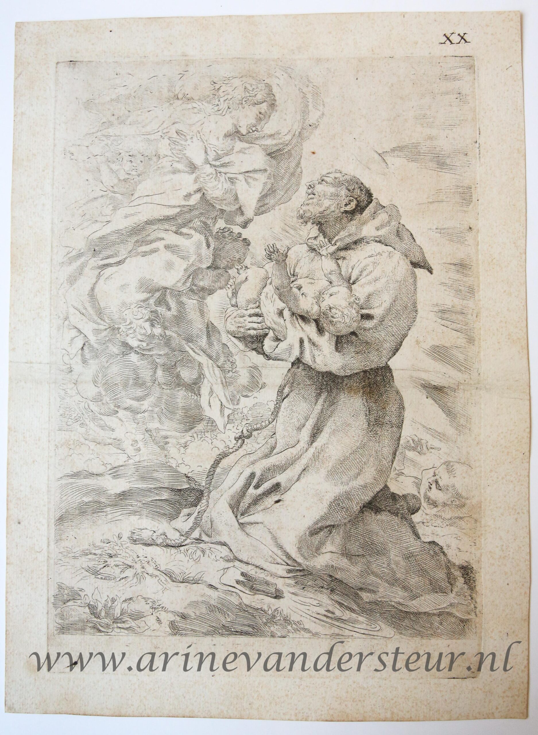 [Antique print, etching] Saint Francis (de heilige Fransiscus) presenting the Child to the Virgin (Maagd Maria), ca 1590.