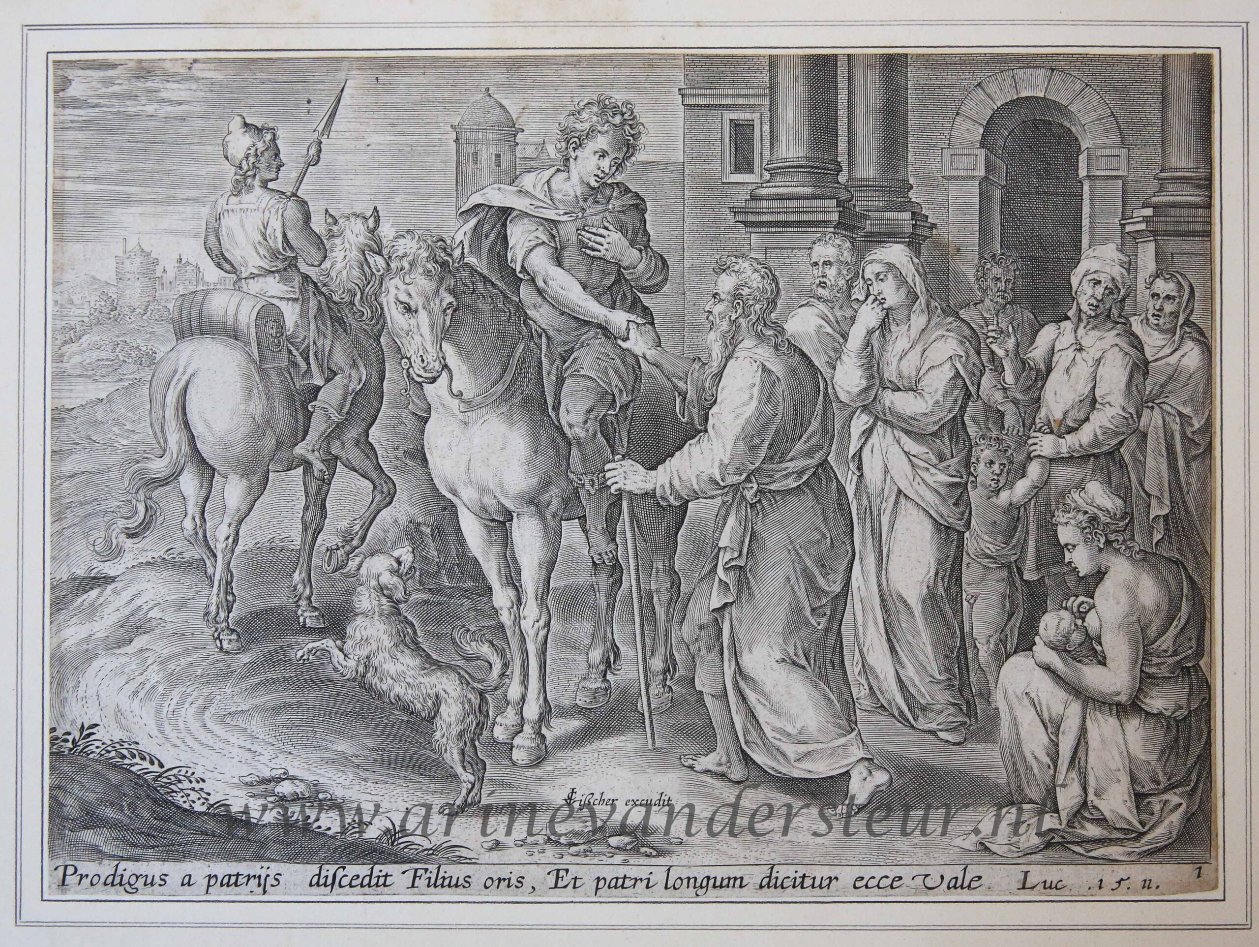 [Antique print, engraving] The Prodigal Son leaves the house of the father / De verloren zoon neemt afscheid van zijn vader [Set of 4 plates: The parable of the Prodigal Son], published 1643, 1 p.