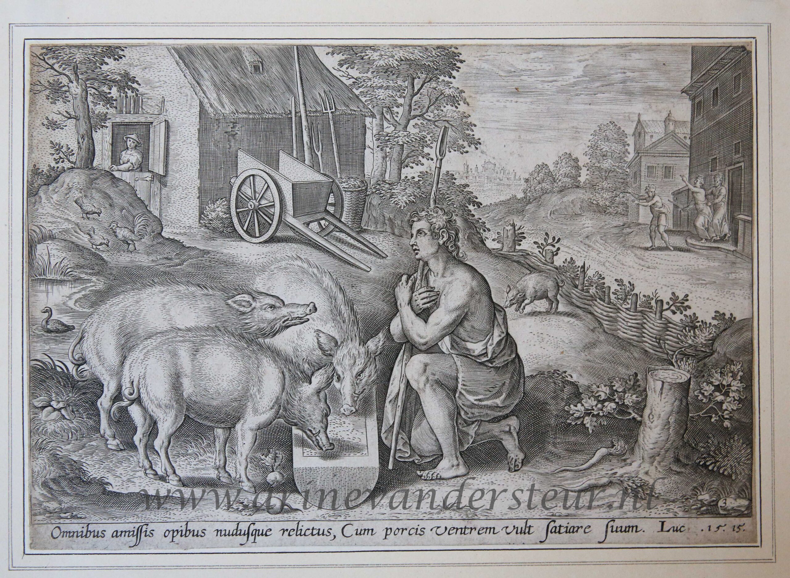 [Antique print, engraving, 1643] The Prodigal Son as a swine herd /De verloren zoon als varkenshoeder [Set of 4 plates: The parable of the Prodigal Son], published 1643, 1 p.