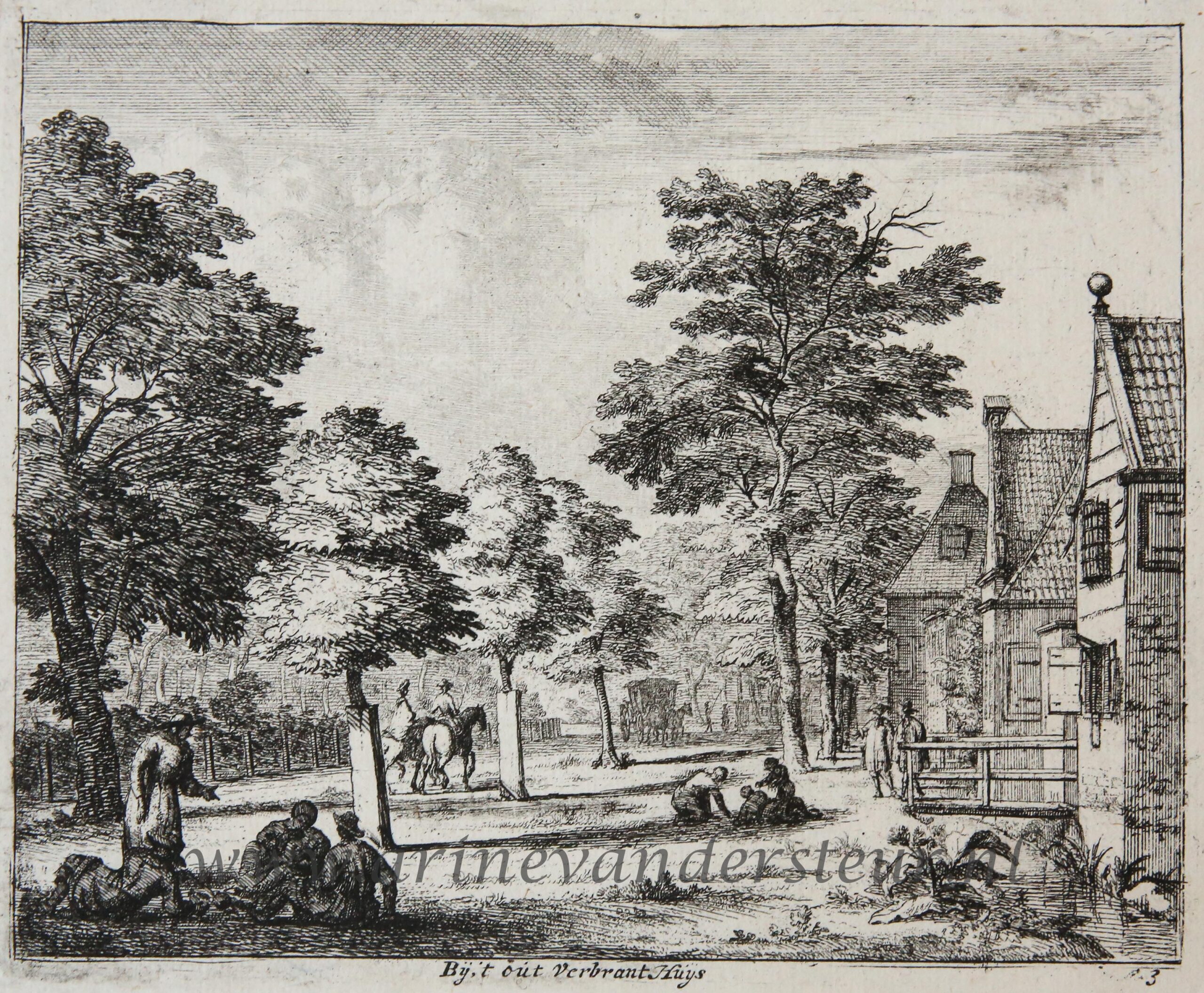 [Antique etching] Bij 't out Verbrant Huijs [set: 'Gesiten buyten Haarlem'], 1650-1700.