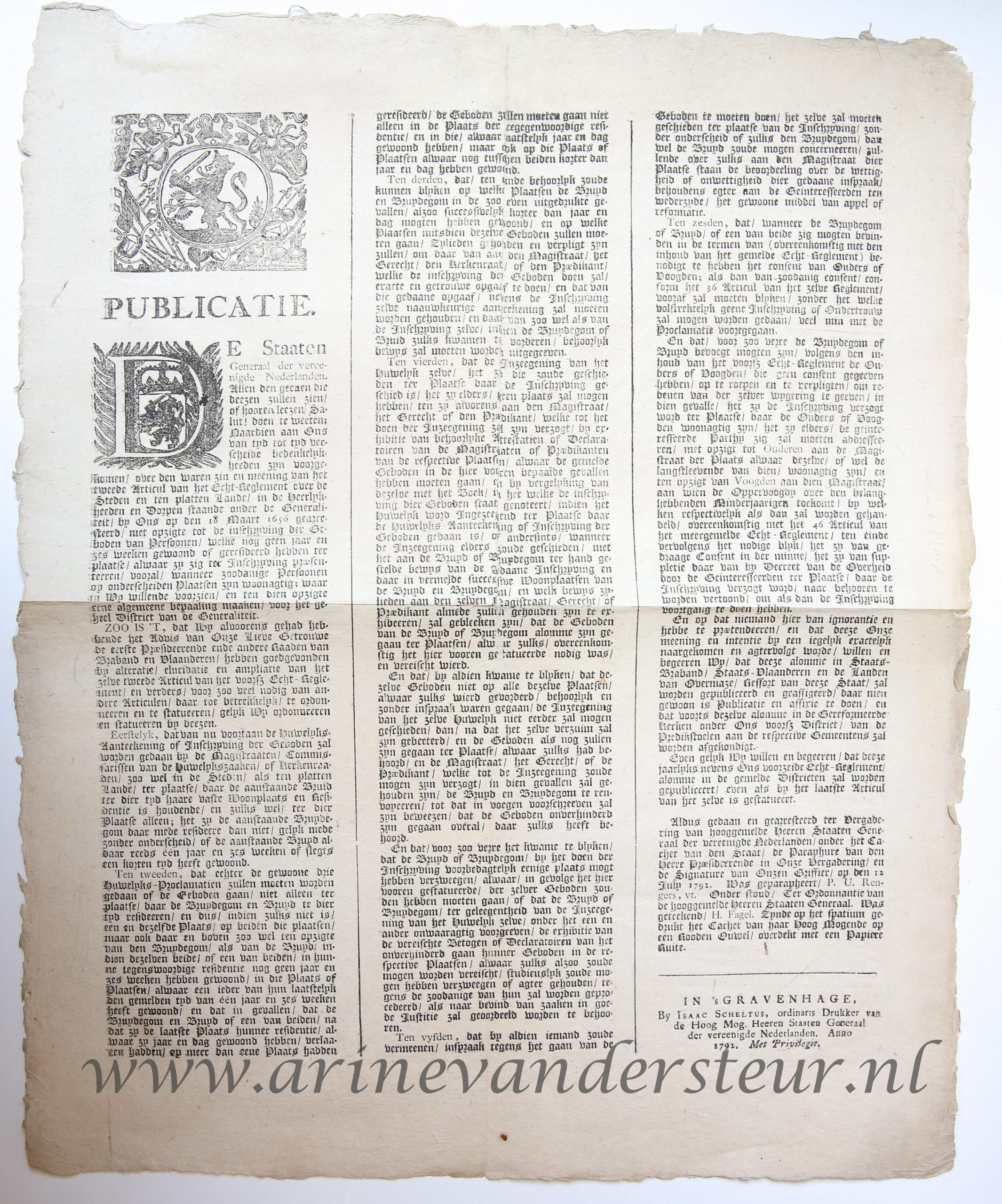 Pamphlet. Publicatie. De Staaten Generaal der vereenigde Nederlanden (...). 1 p.
