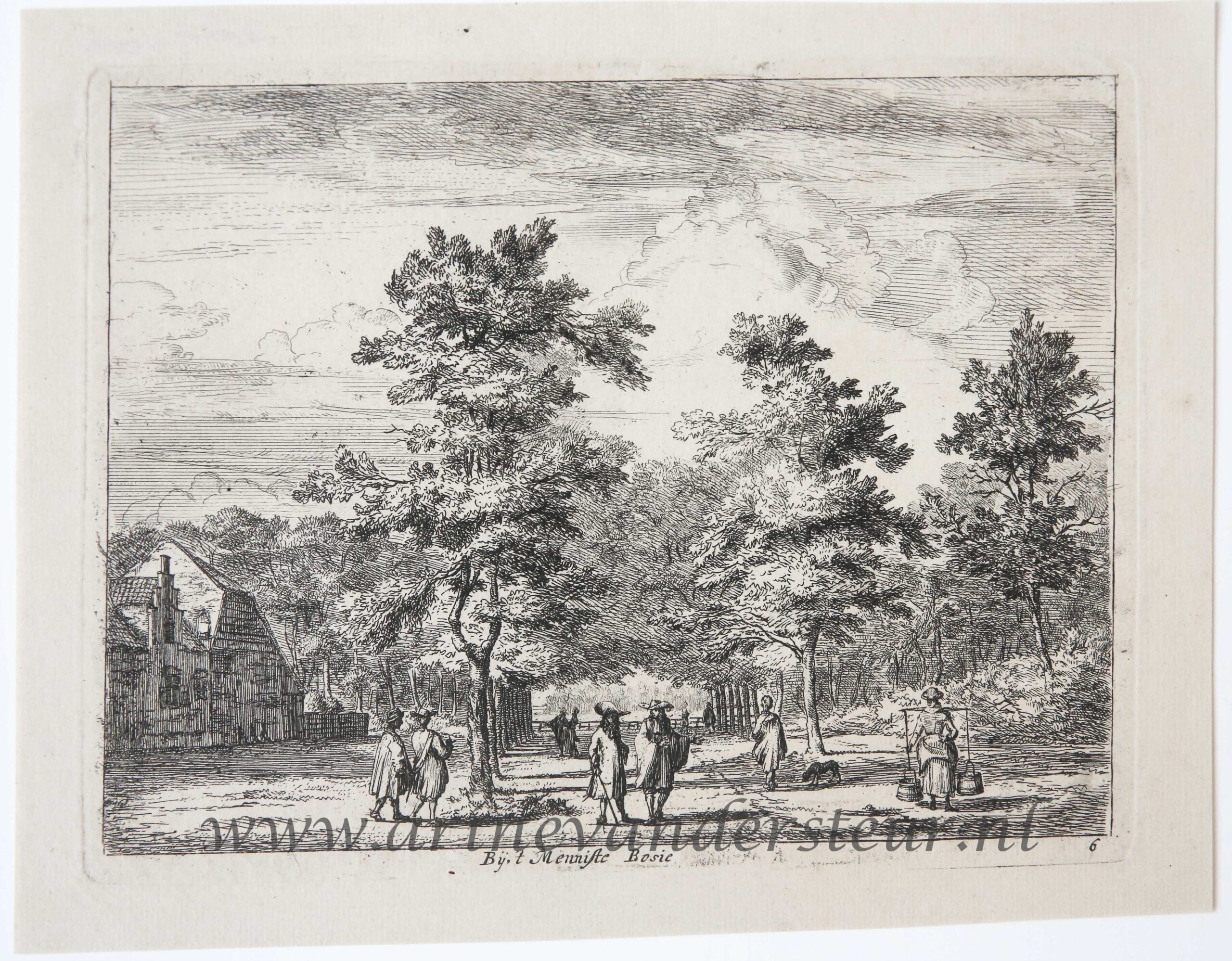 [Antique etching] Bij 't Menniste Bosie [set: 'Gesiten buyten Haarlem'], ca 1650-1700..