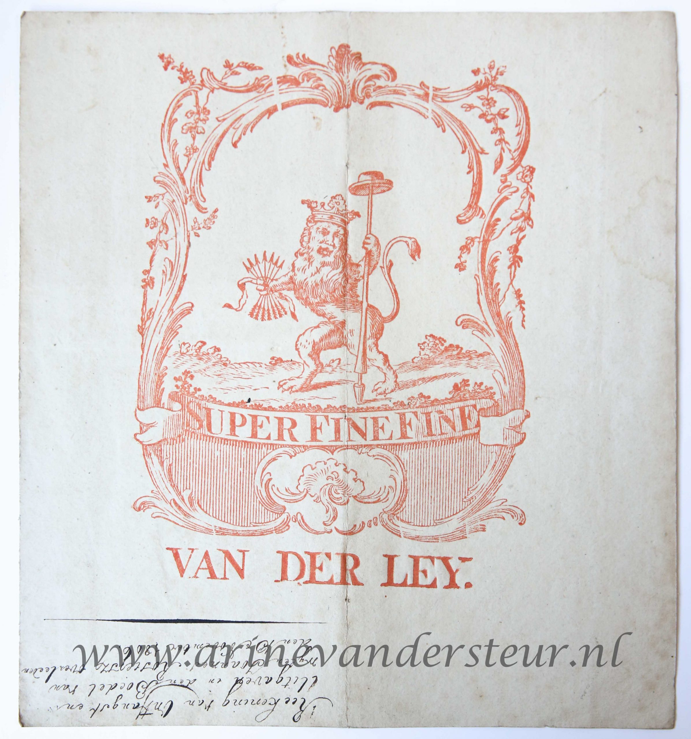 [Paper maker device, printed watermark] Van der Ley. Printed in red ink, dating ca. 1780.
