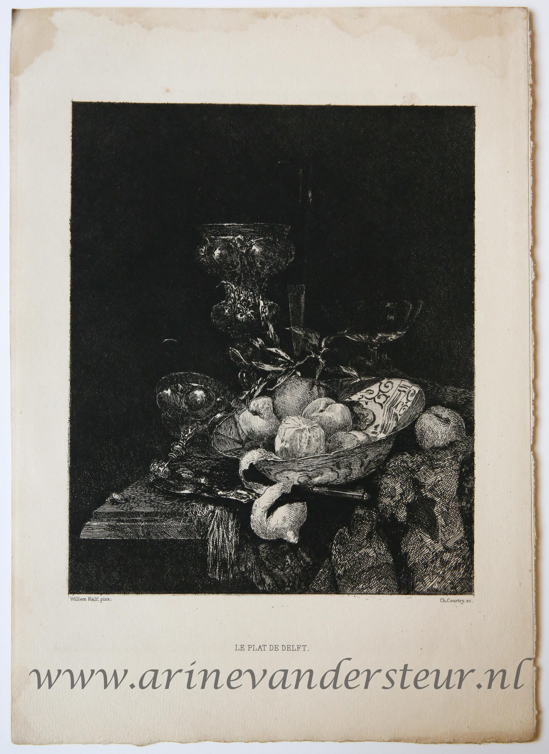 [Engraving/gravure by Ch. Courtry after Willem Kalf] Le plat de Delft, from the Catalogue de Tableaux de premier Ordre Anciens & Modernes Compasant La Galerie De M. John W. Wilson, 1881.