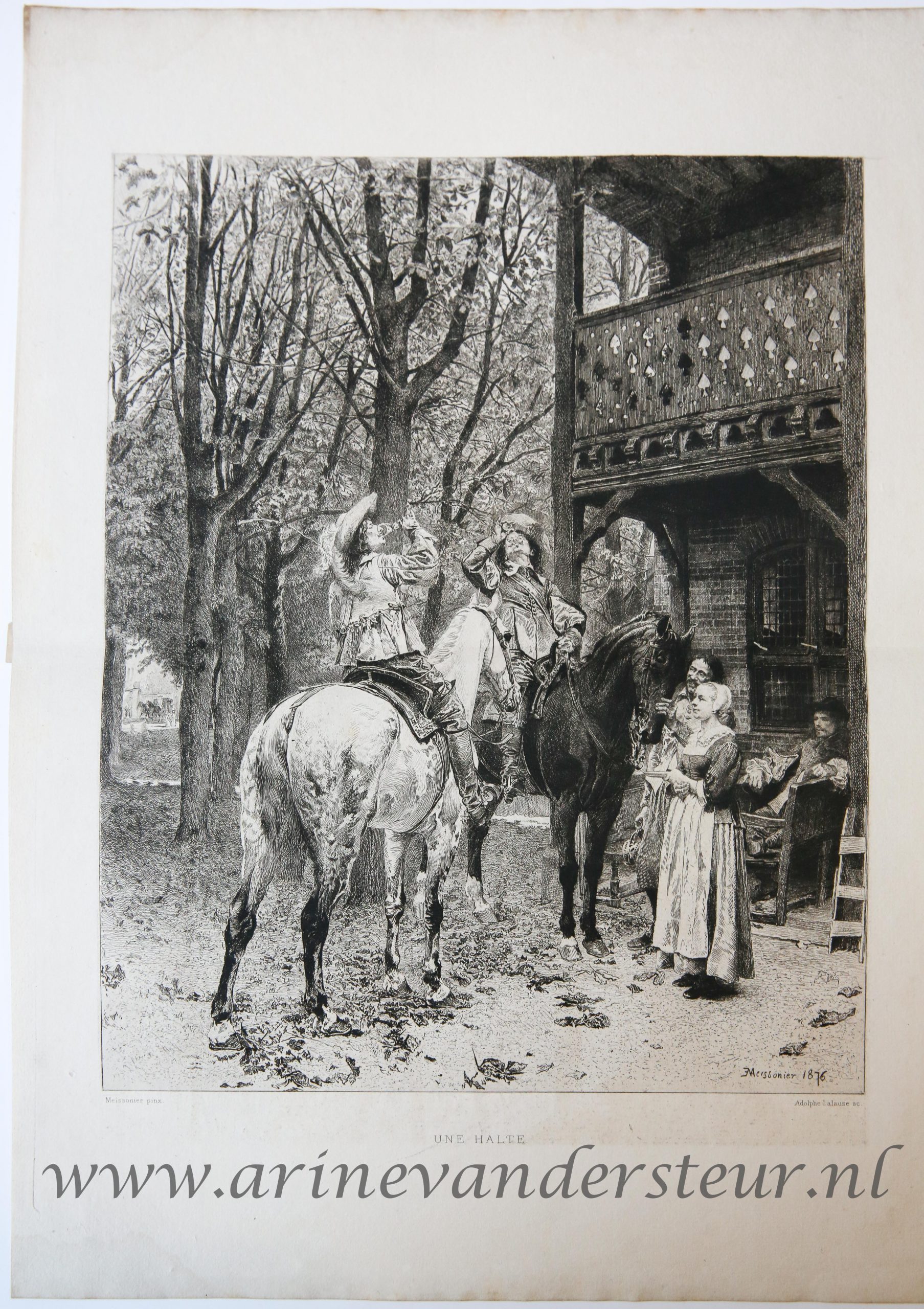 [Engraving/gravure by Adolphe Lalauze after Meisonnier] Une Halte, from the Catalogue de Tableaux de premier Ordre Anciens & Modernes Compasant La Galerie De M. John W. Wilson, 1881.