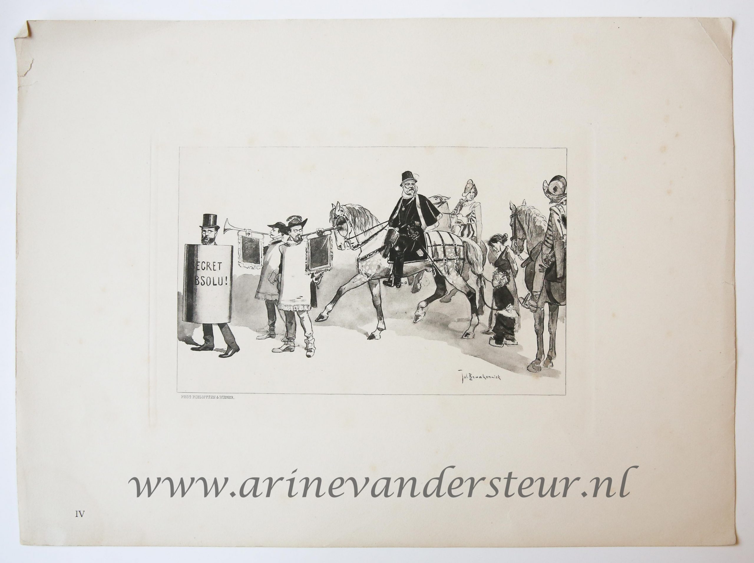[Original lithograph/lithografie by Johan Braakensiek] Secret Absolu! Optocht met paarden en trompetten. 1 p.