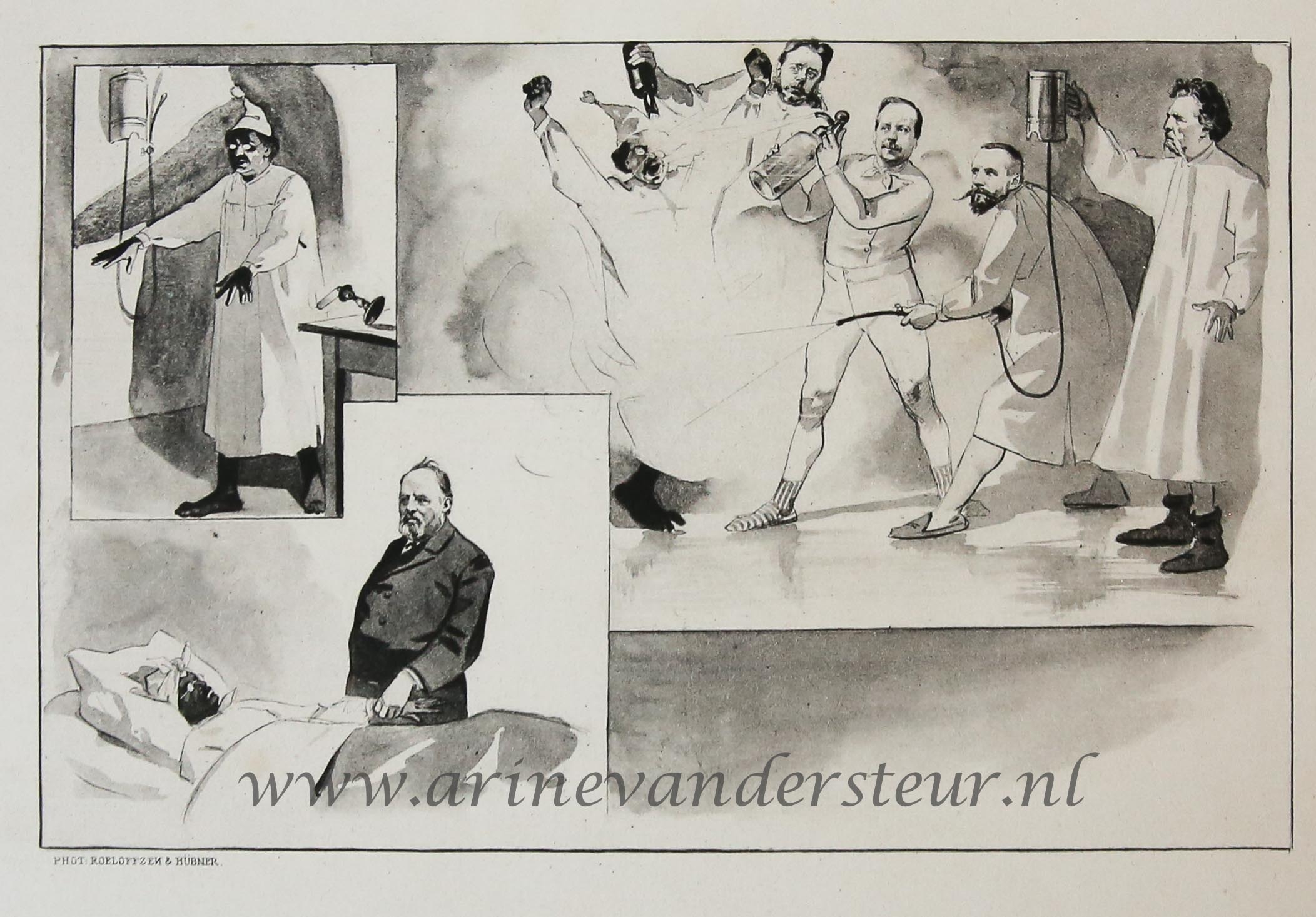 [Original lithograph/lithografie by Johan Braakensiek] Ziekenhuis en dokter, mannen in witte jassen. 1 p.