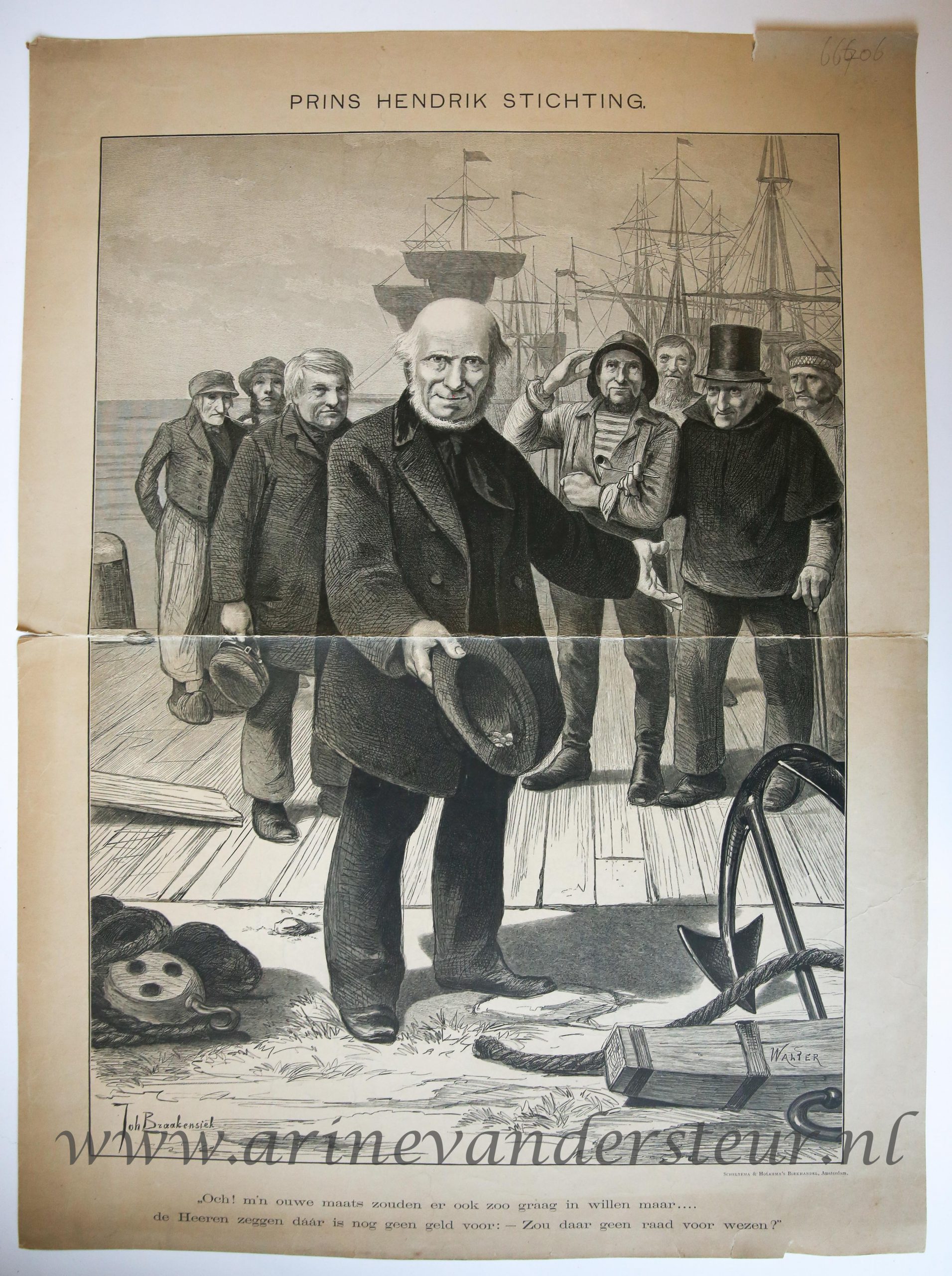 [Original lithograph/lithografie by Johan Braakensiek] Prins Hendrik Stichting (title on object), 1 p. A man is standing for a group of old-sailors on the shore and collects money in his hat. He collects for the care home (verzorgingshuis de Prins Hendrik Stichting) Prins Hendrik Stichting in Egmond-aan-Zee. In the back ships.