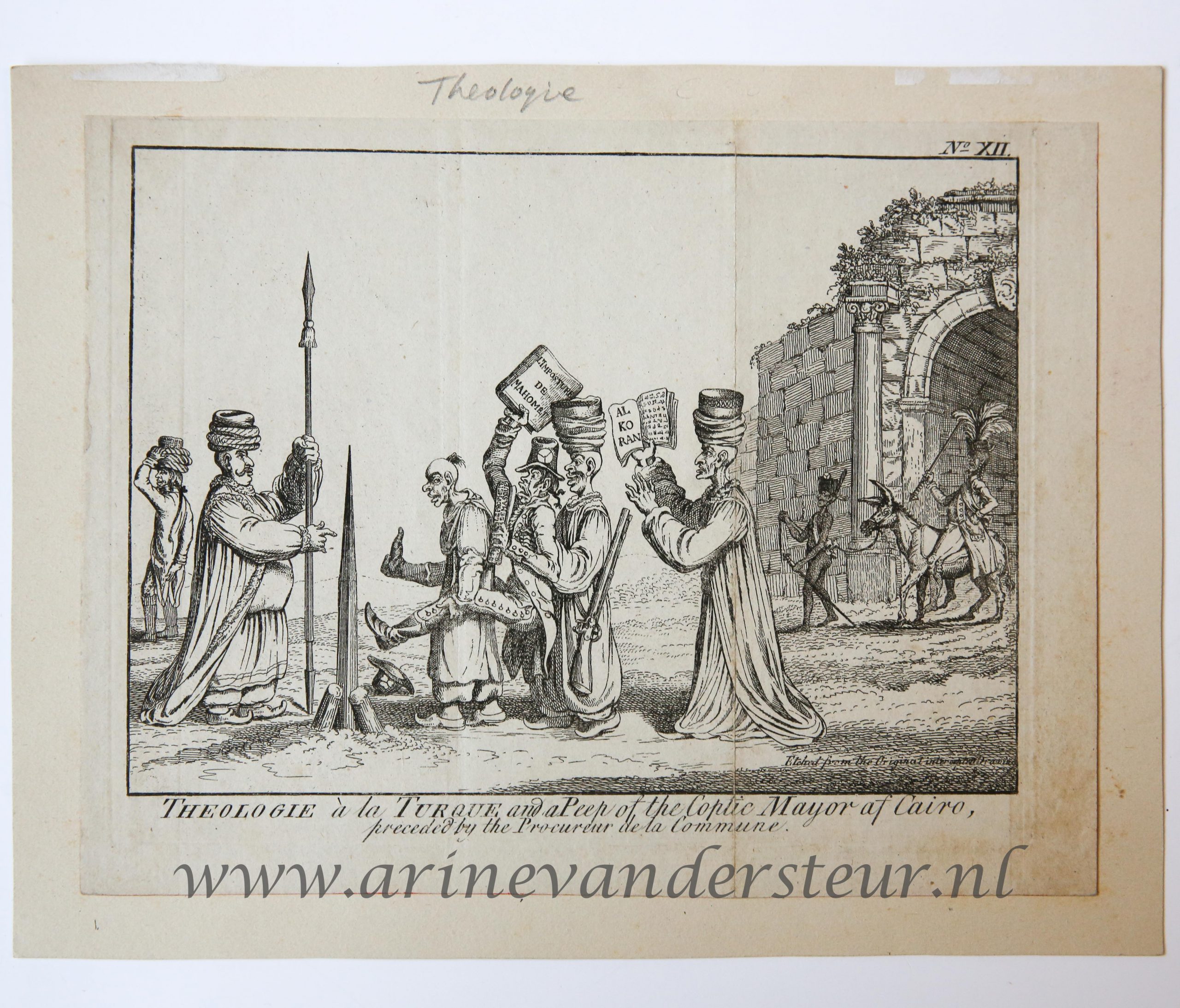 [Satirical print/spotprent] Theologie a la Turque and a peep pf the Coptic Mayor of Cairo, preceded by the procureur de la Commune. 1 p. Man with several hats is holding a book with the text "Al Koran", other man with high hat and being carried is holding a book: l'imposture de Mahomet.