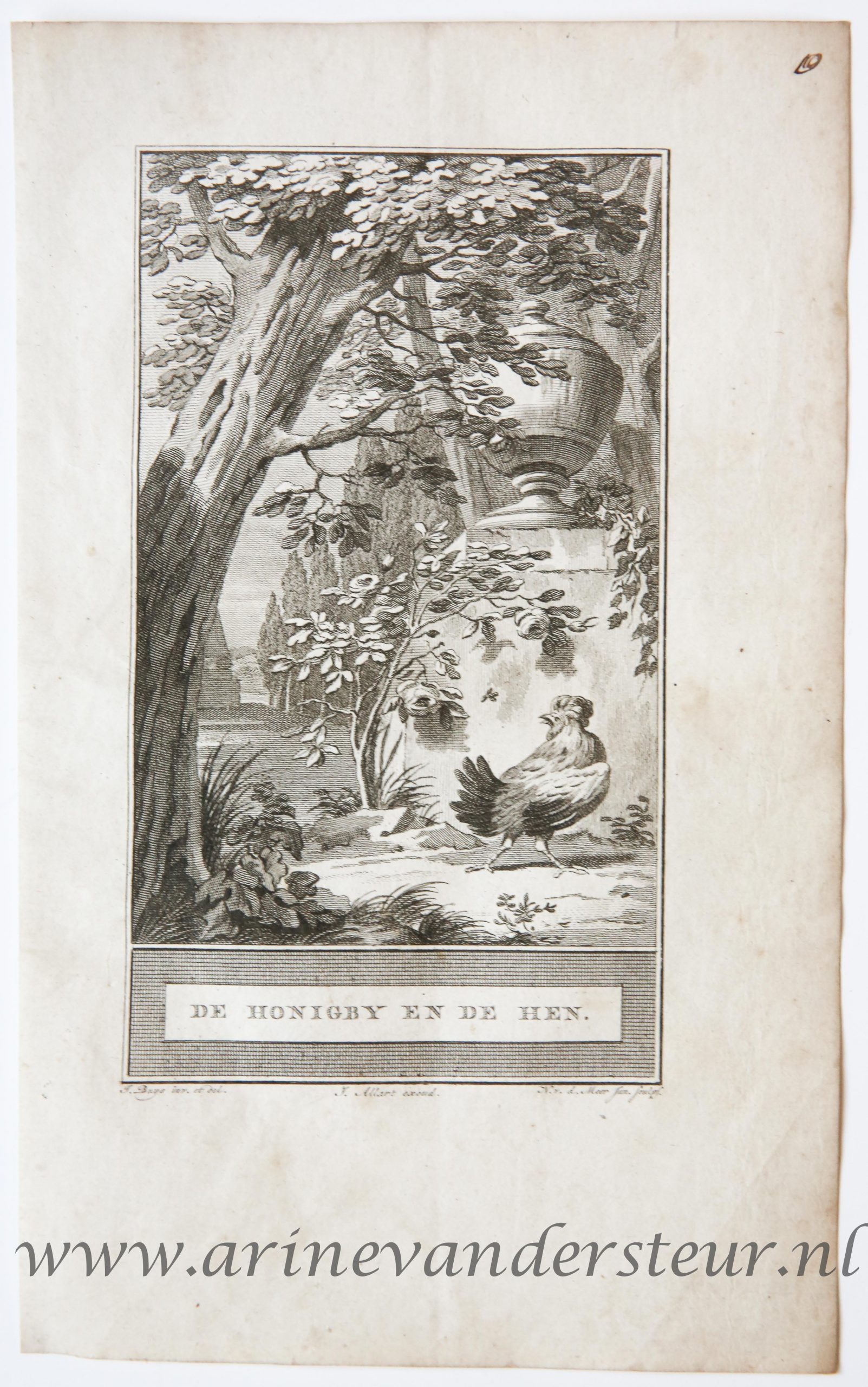 [Bookillustration etching/ets] De Honingby (honingbij) en de Hen, from C.F. Gellerts Fabelen en Vertelsels, in Nederduitsche vaerzen gevolgd, eerste deel, Te Amsteldam by Pieter Meijer, op den Dam, 1772, 1 p.