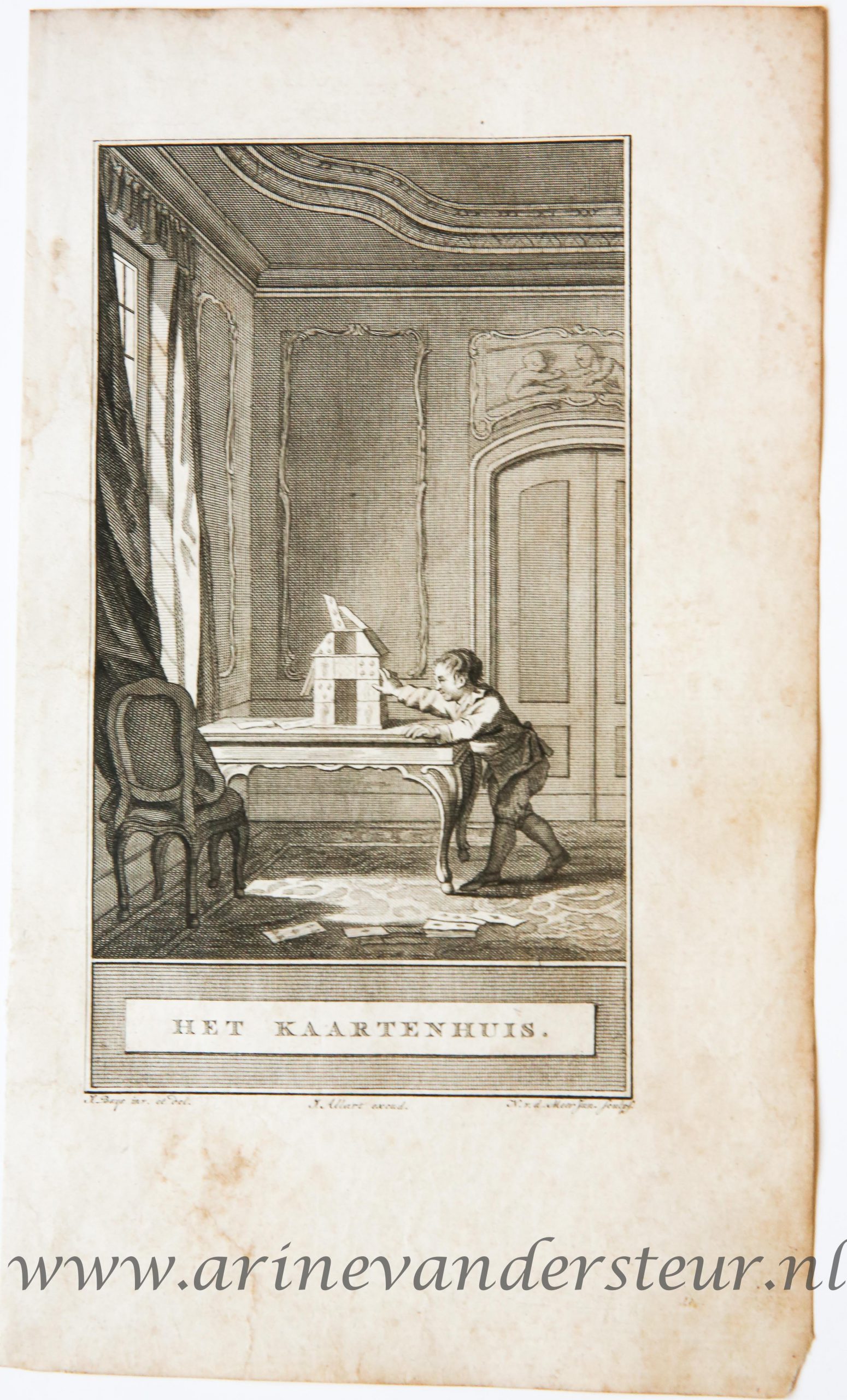 [Bookillustration etching/ets] Het Kaartenhuis, from C.F. Gellerts Fabelen en Vertelsels, in Nederduitsche vaerzen gevolgd, eerste deel, Te Amsteldam by Pieter Meijer, op den Dam, 1772, 1 p.