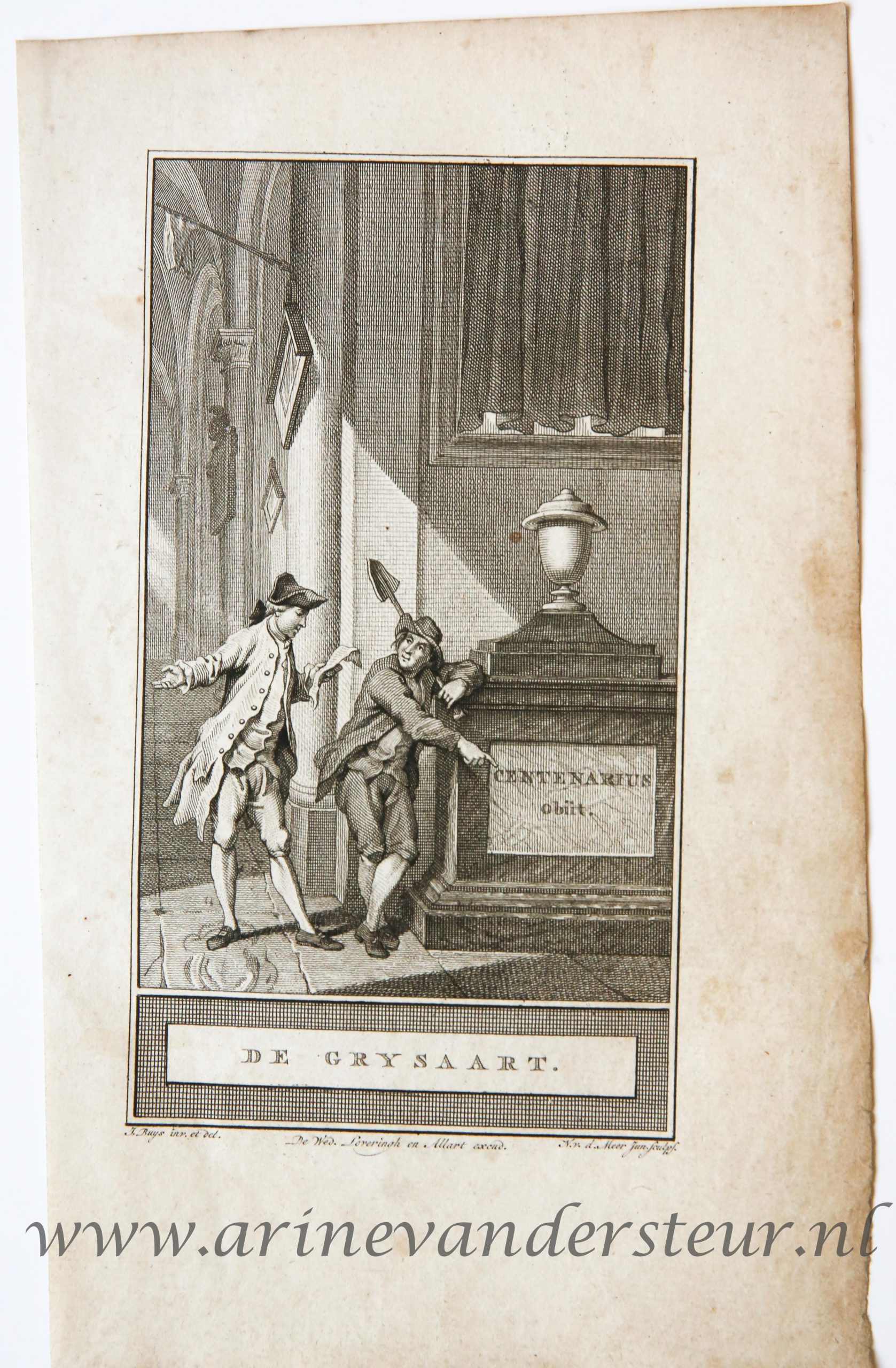 [Bookillustration etching/ets] De Grysaard (de Grijsaard), from C.F. Gellerts Fabelen en Vertelsels, in Nederduitsche vaerzen gevolgd, eerste deel, Te Amsteldam by Pieter Meijer, op den Dam, 1772, 1 p.