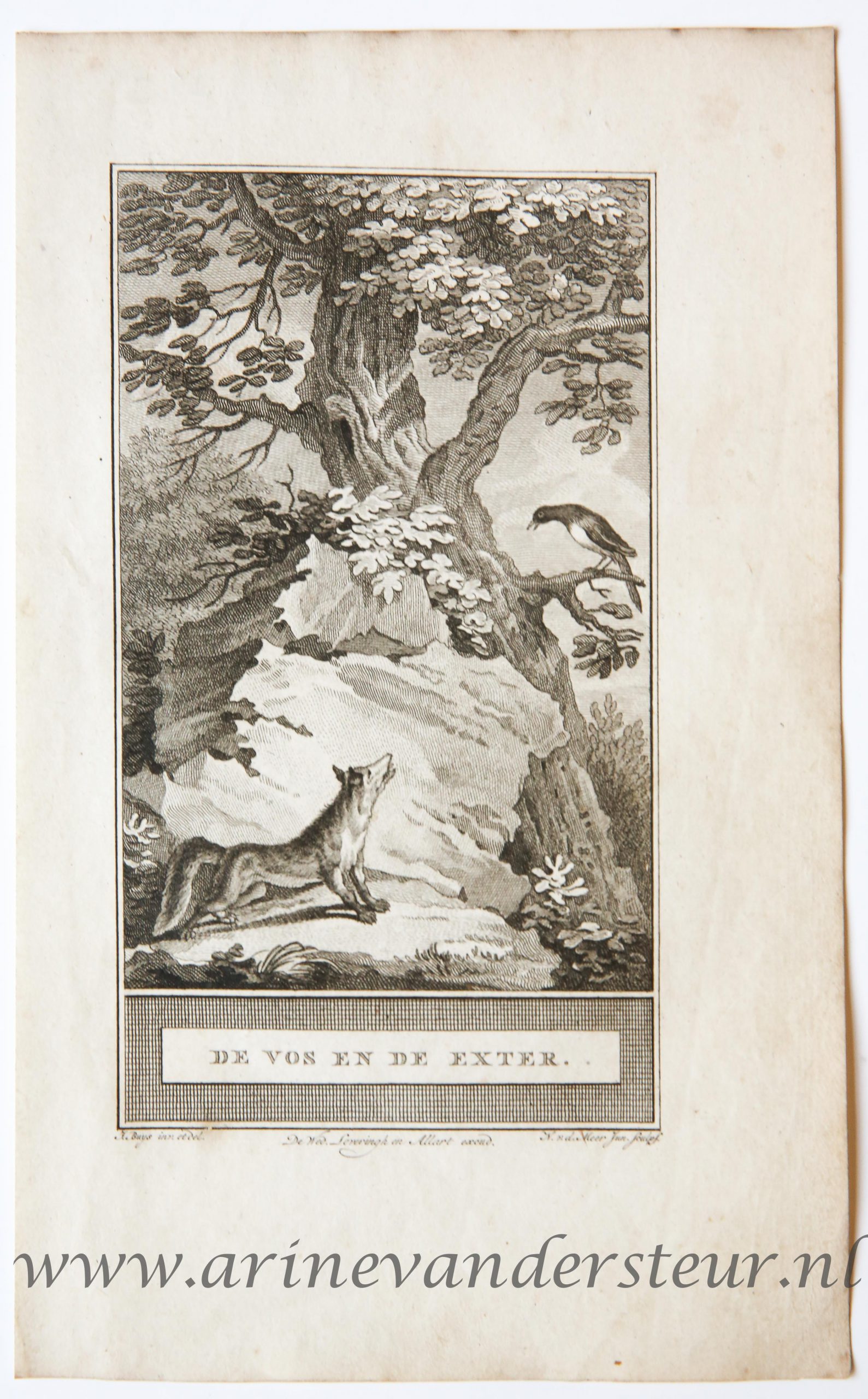 [Bookillustration etching/ets] De Vos en de Exter (ekster), from C.F. Gellerts Fabelen en Vertelsels, in Nederduitsche vaerzen gevolgd, eerste deel, Te Amsteldam by Pieter Meijer, op den Dam, 1772, 1 p.