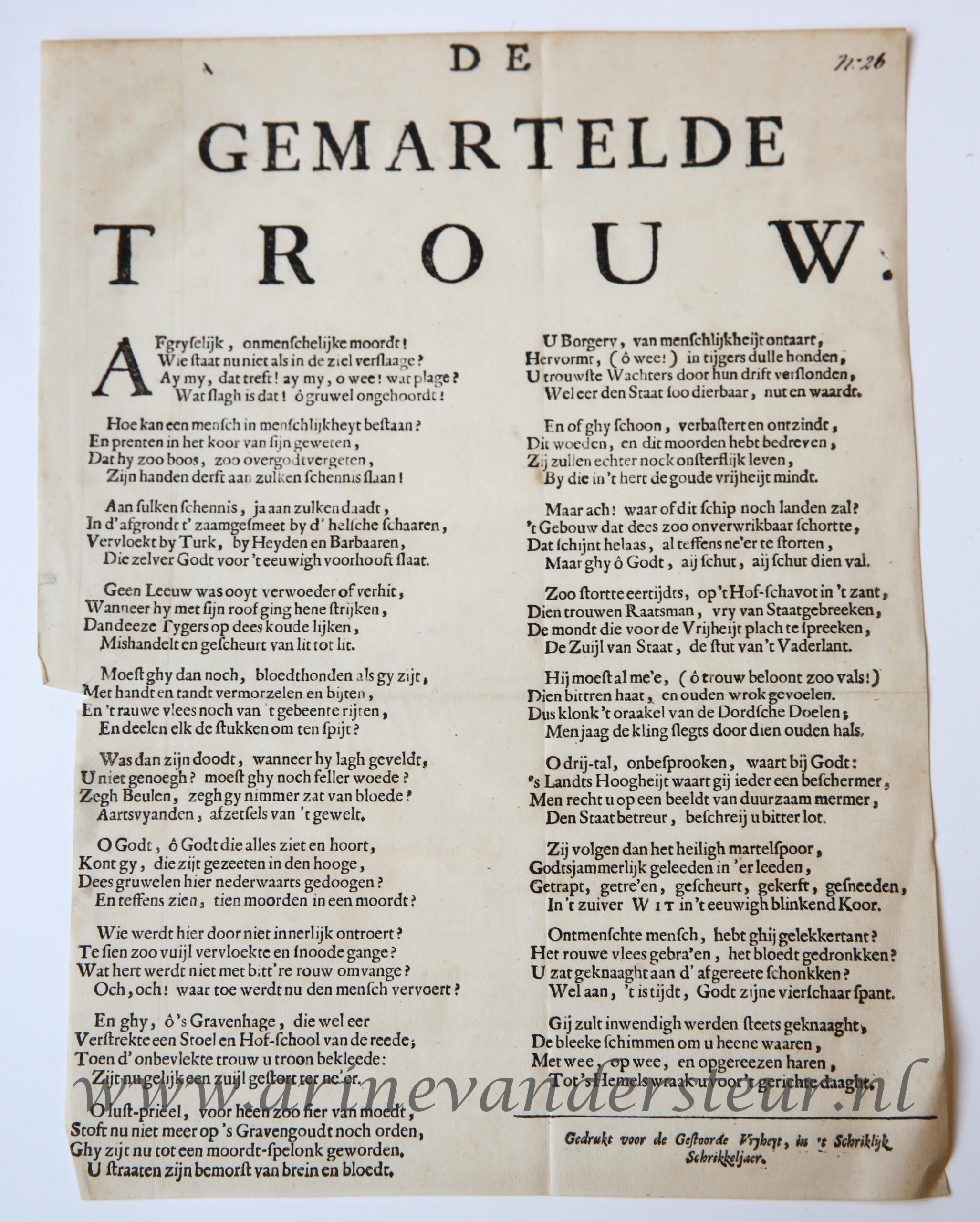 Pamphlet. Treurdicht op de moord op Johan de Witt (1625-1672) en Cornelis de Witt (1623-1672). 1 p.