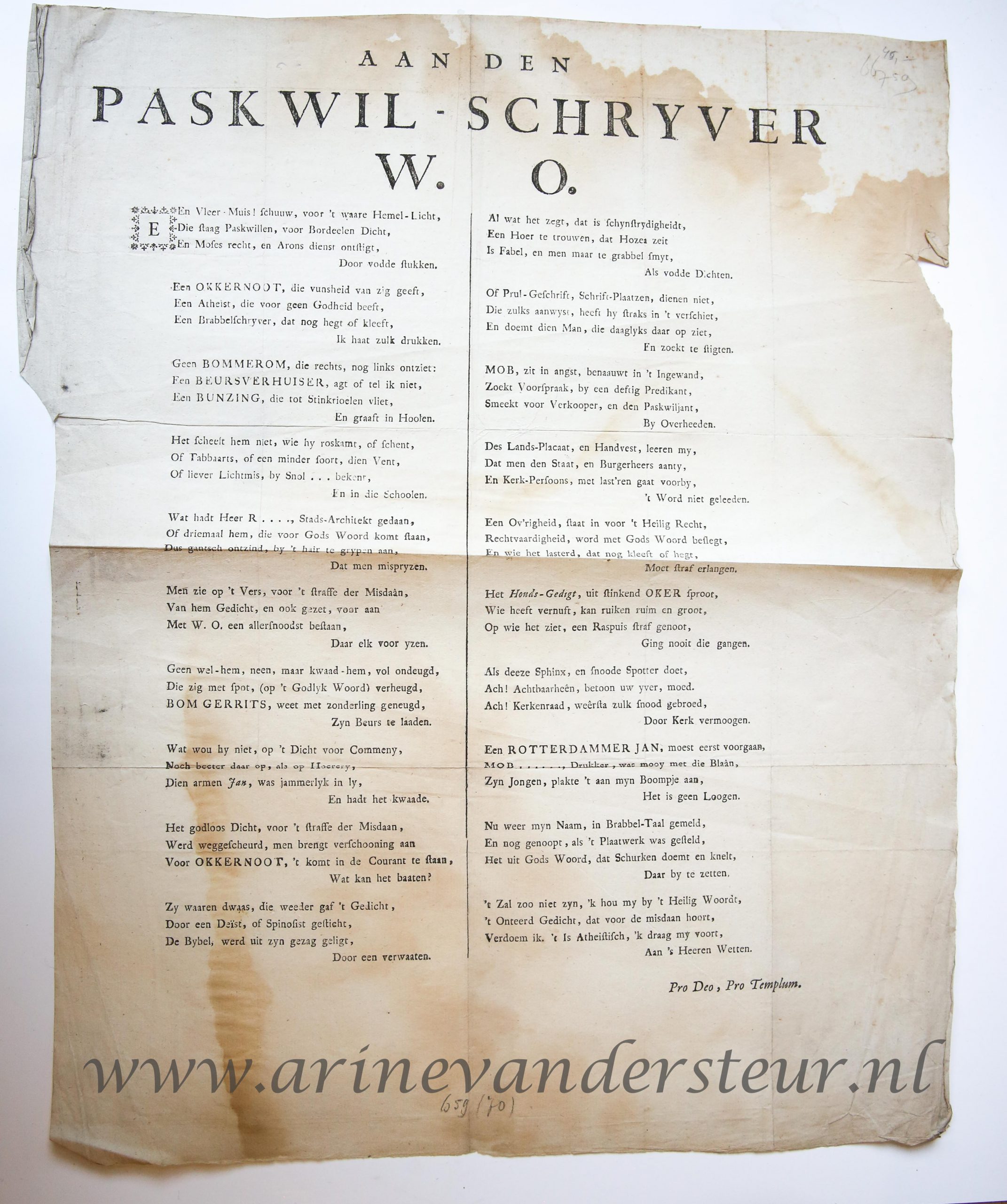 Pamphlet. Aan den Paskwil - Schryver W.O., 1 p.