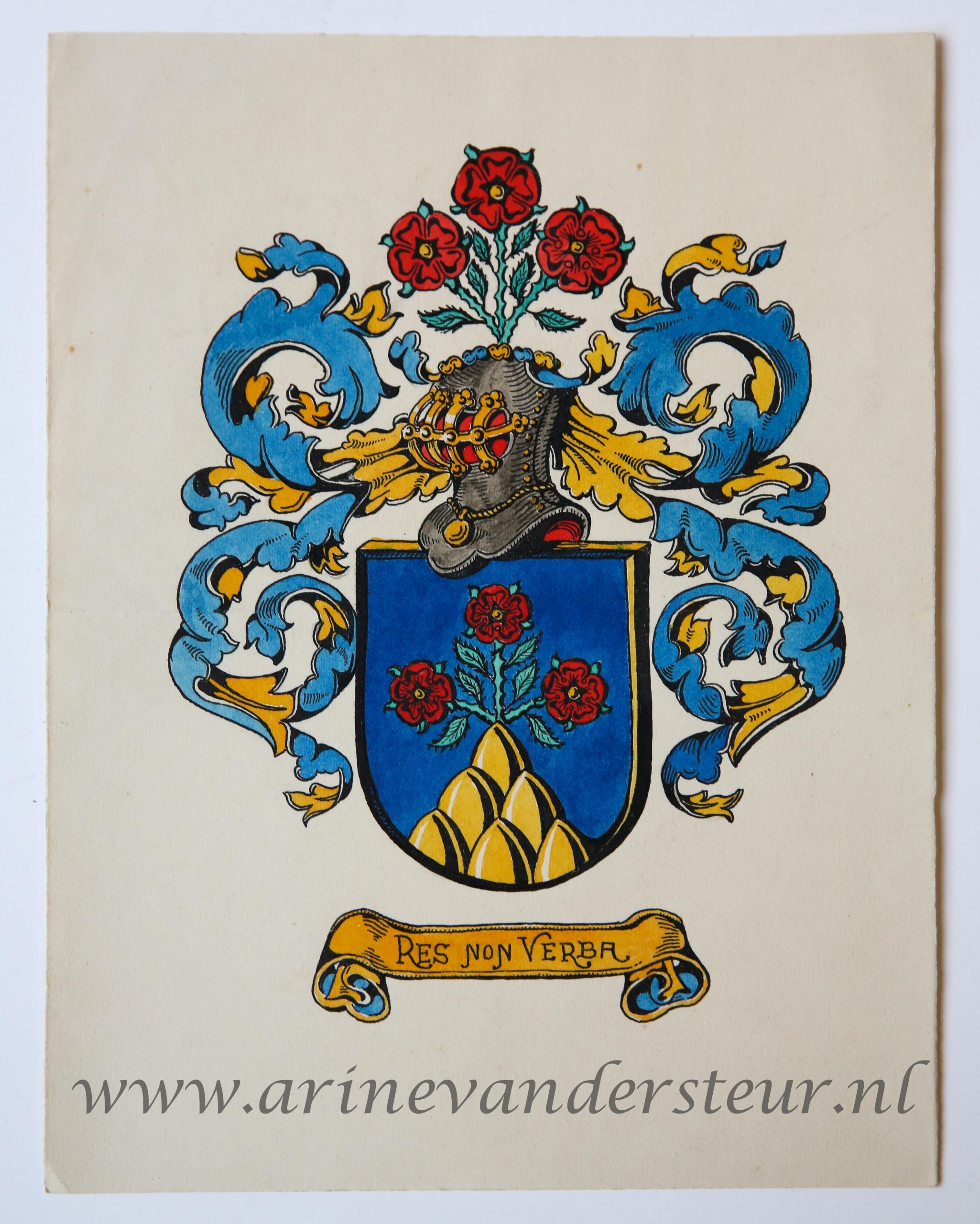 [Familiewapens] - Wapenkaart/Coat of Arms in blue, red and yellow. With the text: Res Non Verba.