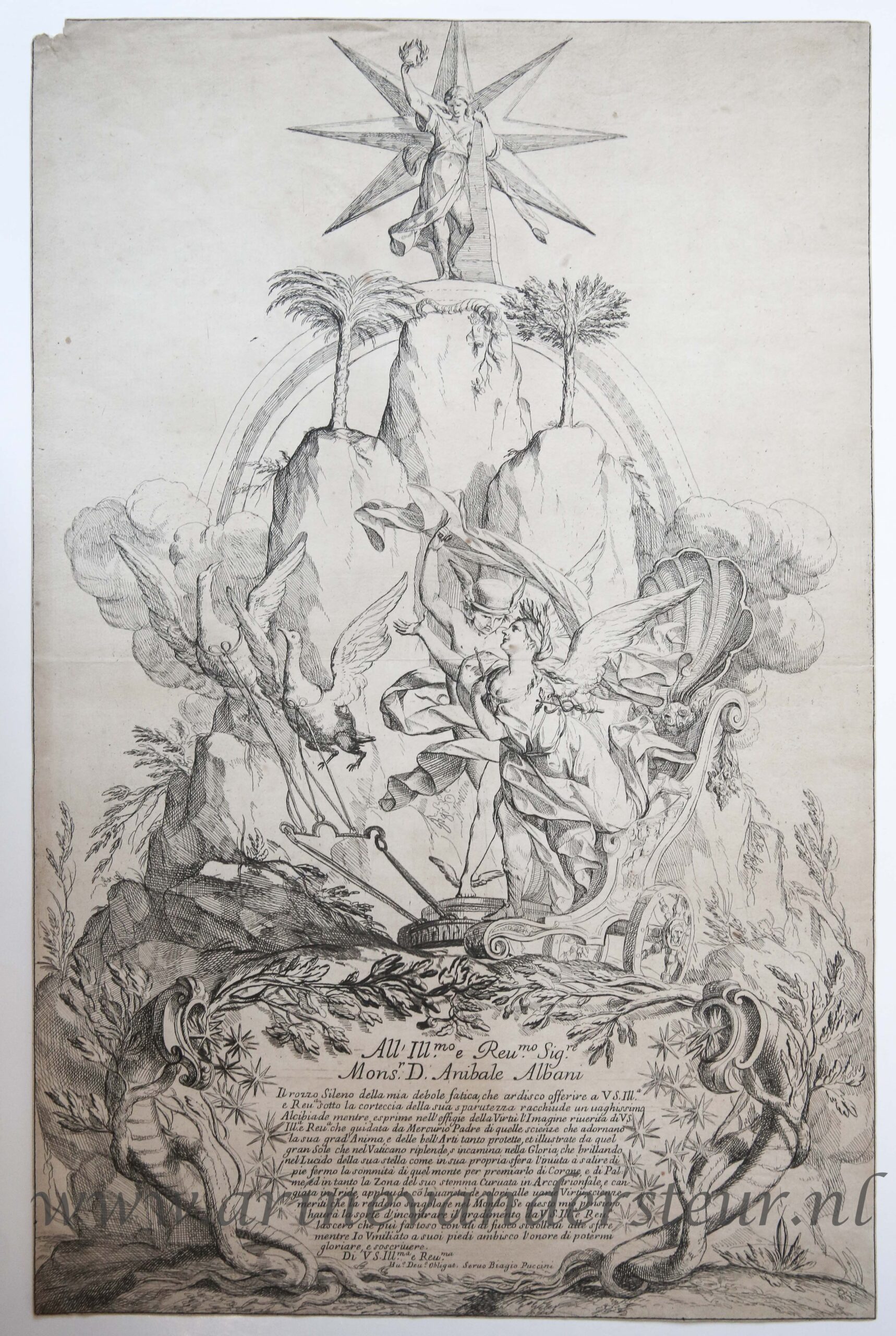 [Antique print, etching, emblemata] All'Ill.mo e Rev.mo Sig.re Mons.r D. Anibale Albani/Celebratory print to cardinal Annibale Albani, published ca. 1711.