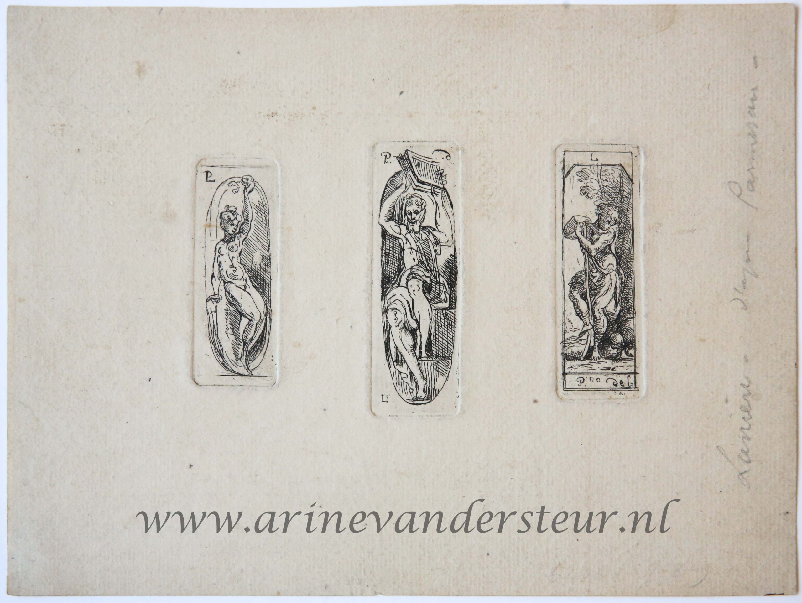 [Antique prints, etchings] Three plates from the "Prove prime fatti a l'aqua forte da N. Lanier a l'età sua giovenile di sessanta otto Anni 1656", 1829?