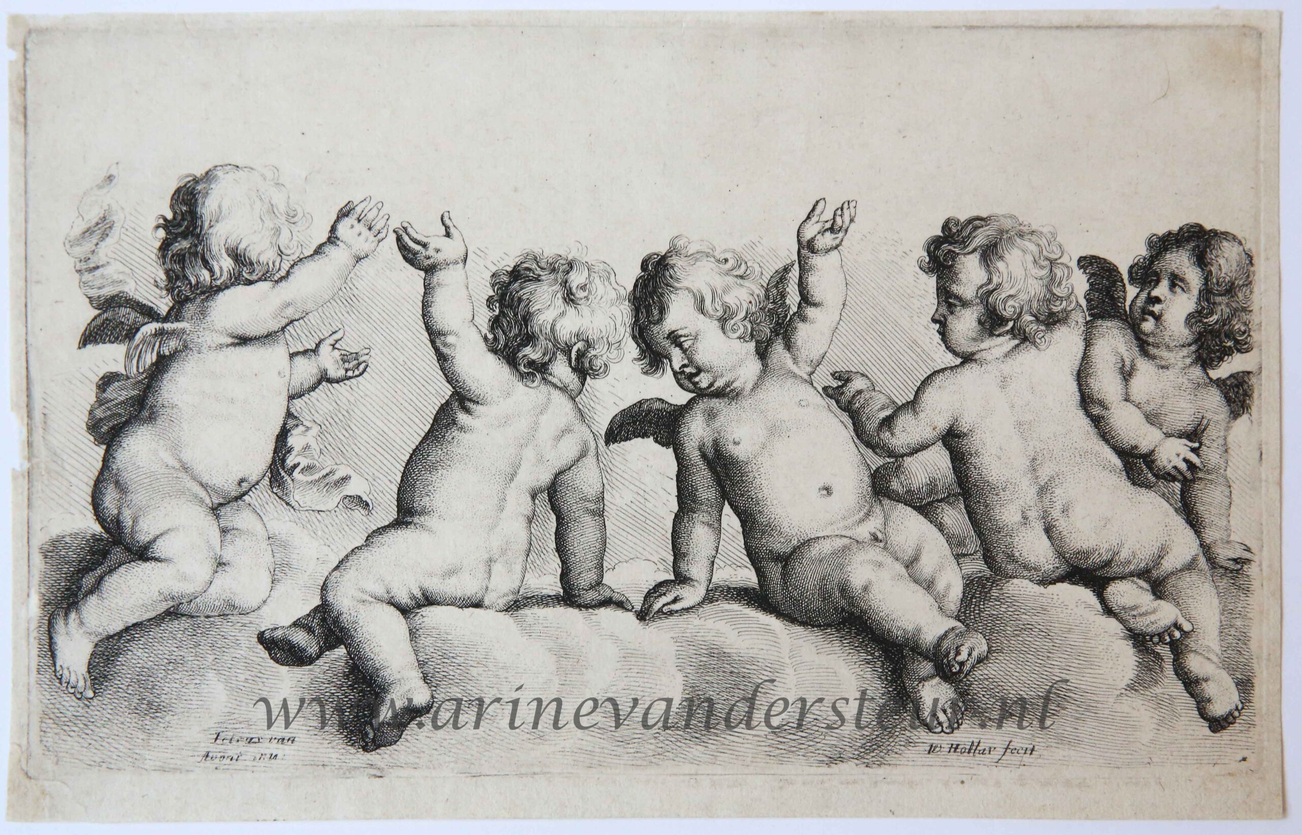 [Antique print, etching] Three cherubs and two boys on clouds/Twee cherubijntjes en twee jongetjes op wolken, ca 1645.