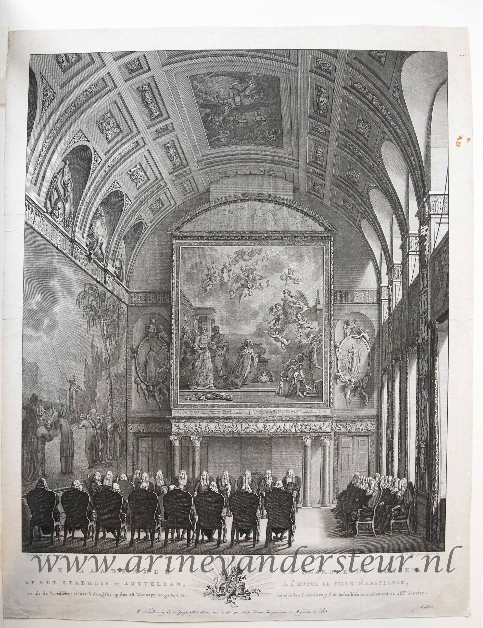 [Antique print, etching] De Raadkamer Op Het Stadhuis te Amsteldam, zo als de Vroedschap aldaar 's Jaarlyks op den 28ste January vergaderd is, published 1790.