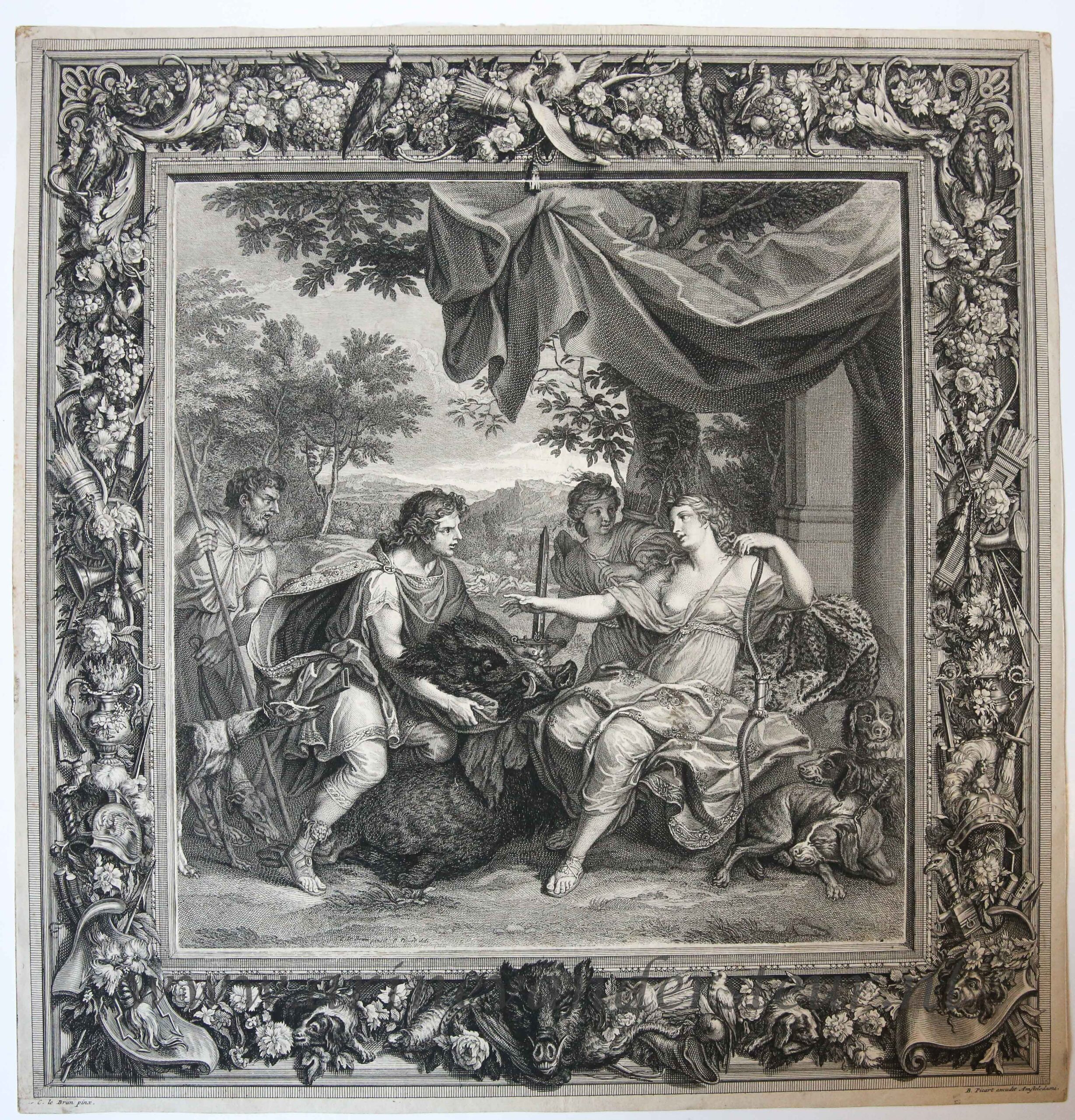 [Antique print, etching] Meleager and Atalanta (tapisserie of the Duc d'Orleans), published 1720.