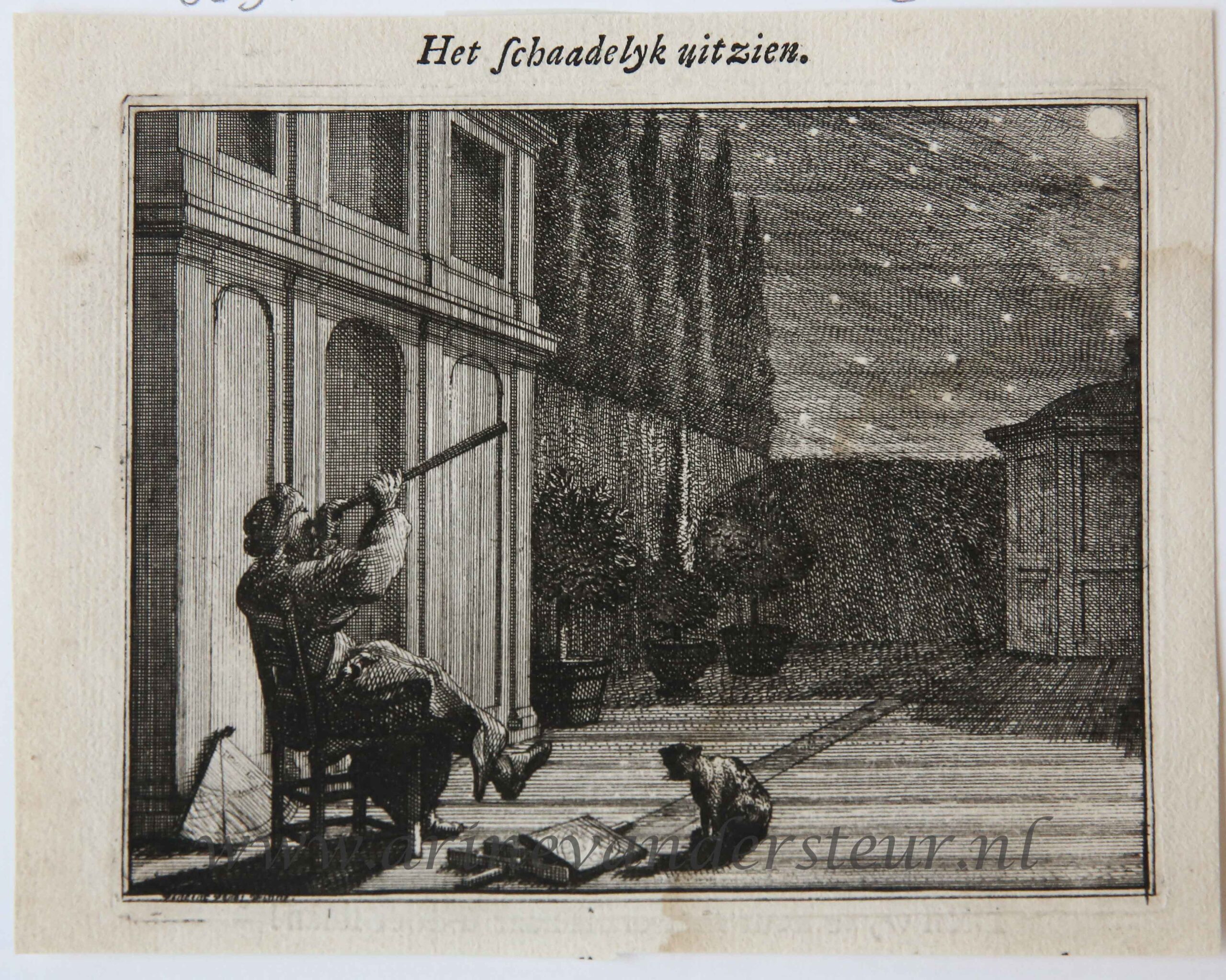 [Original etching] Het schaadelyk uitzien. [S. Spinneker 'Leerzame Zinnebeelden'], ca 1717-1757.