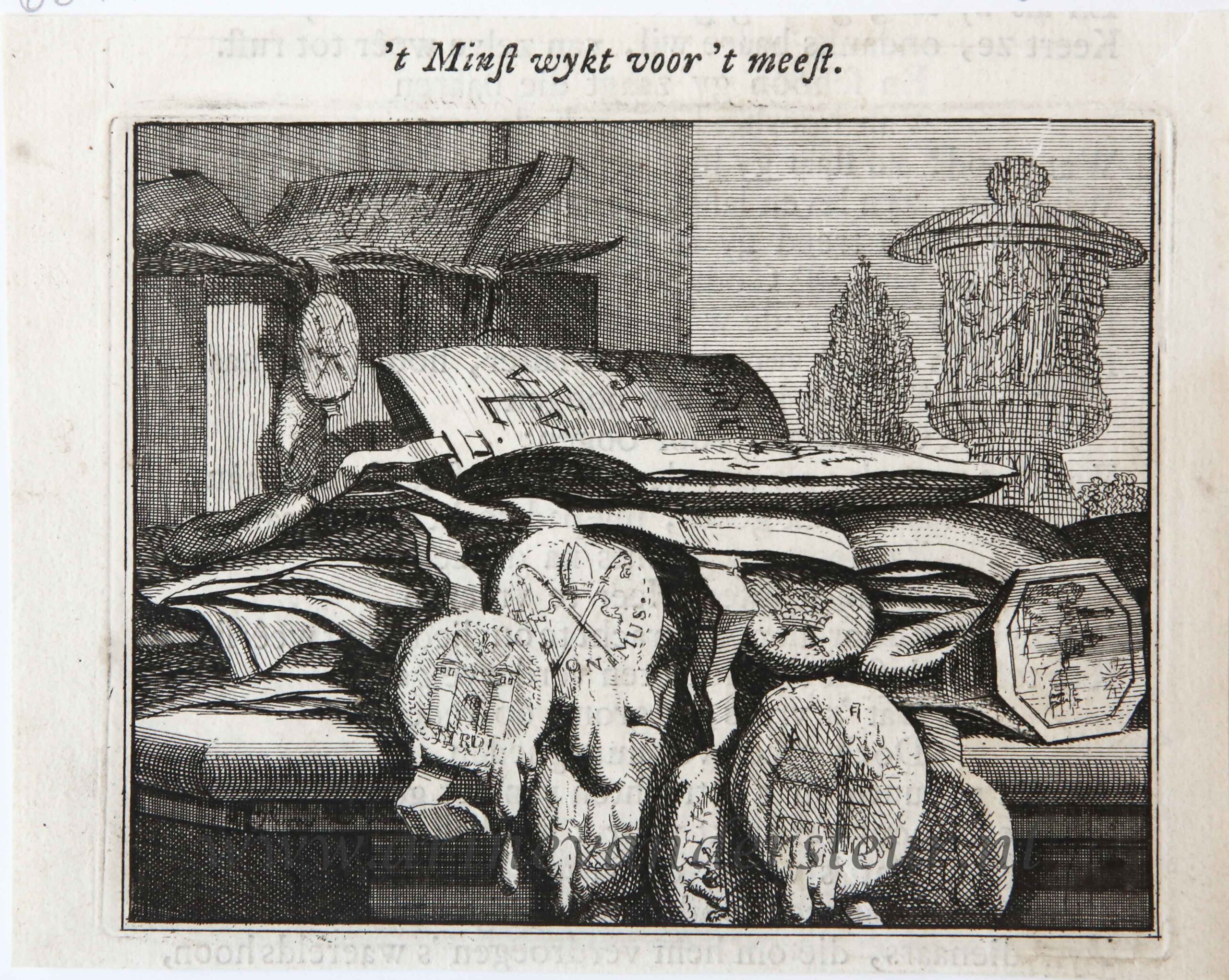 [Original etching] 't Minst wykt voor 't meest [S. Spinneker 'Leerzame Zinnebeelden'], ca 1717-1757.