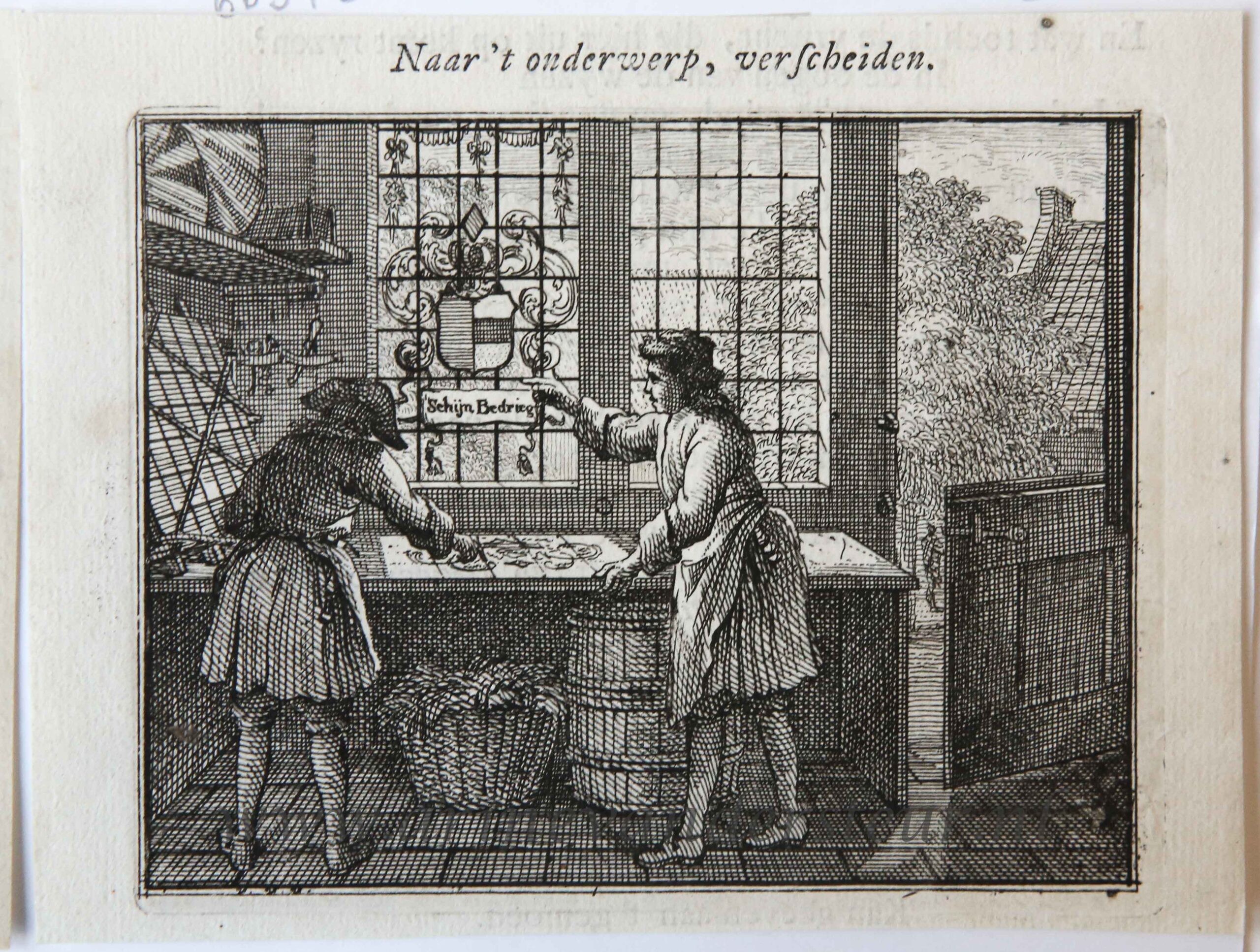 [Original etching] Naar 't onderwerp, verscheiden [S. Spinneker 'Leerzame Zinnebeelden'], ca 1717-1757.