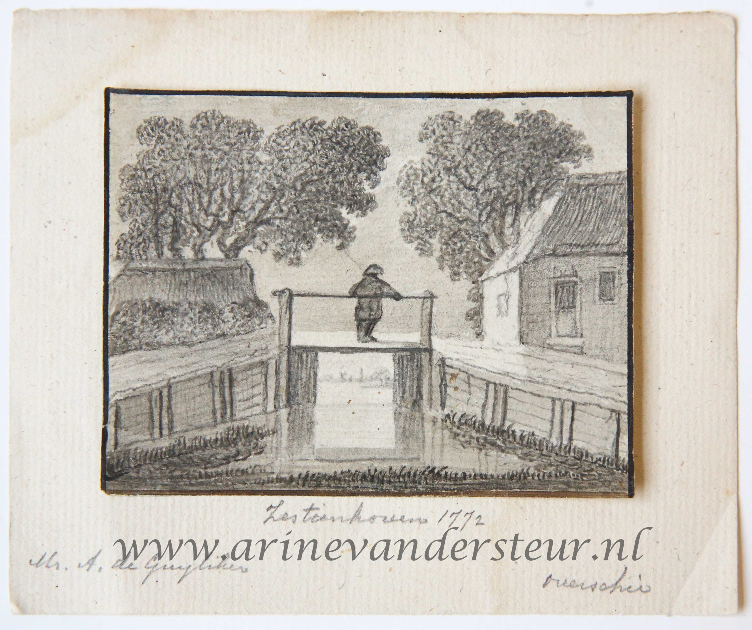 [Original drawing] View on a bridge over a canal in Zestienhoven (brug bij Zestienhoven, Rotterdam), 1772.