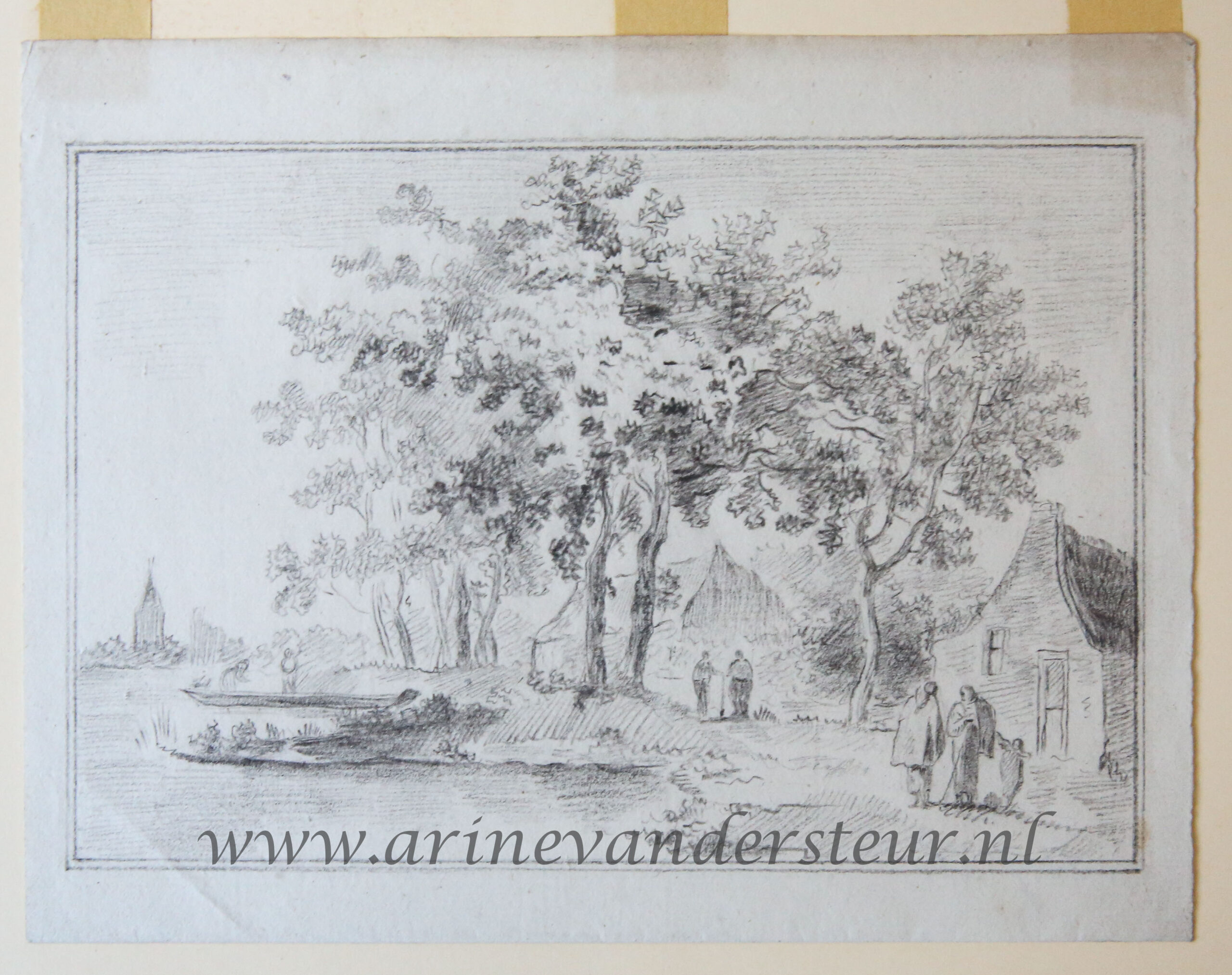[Antique drawing] River landscape with houses (rivierlandschap met huizen), ca. 1850-1900.
