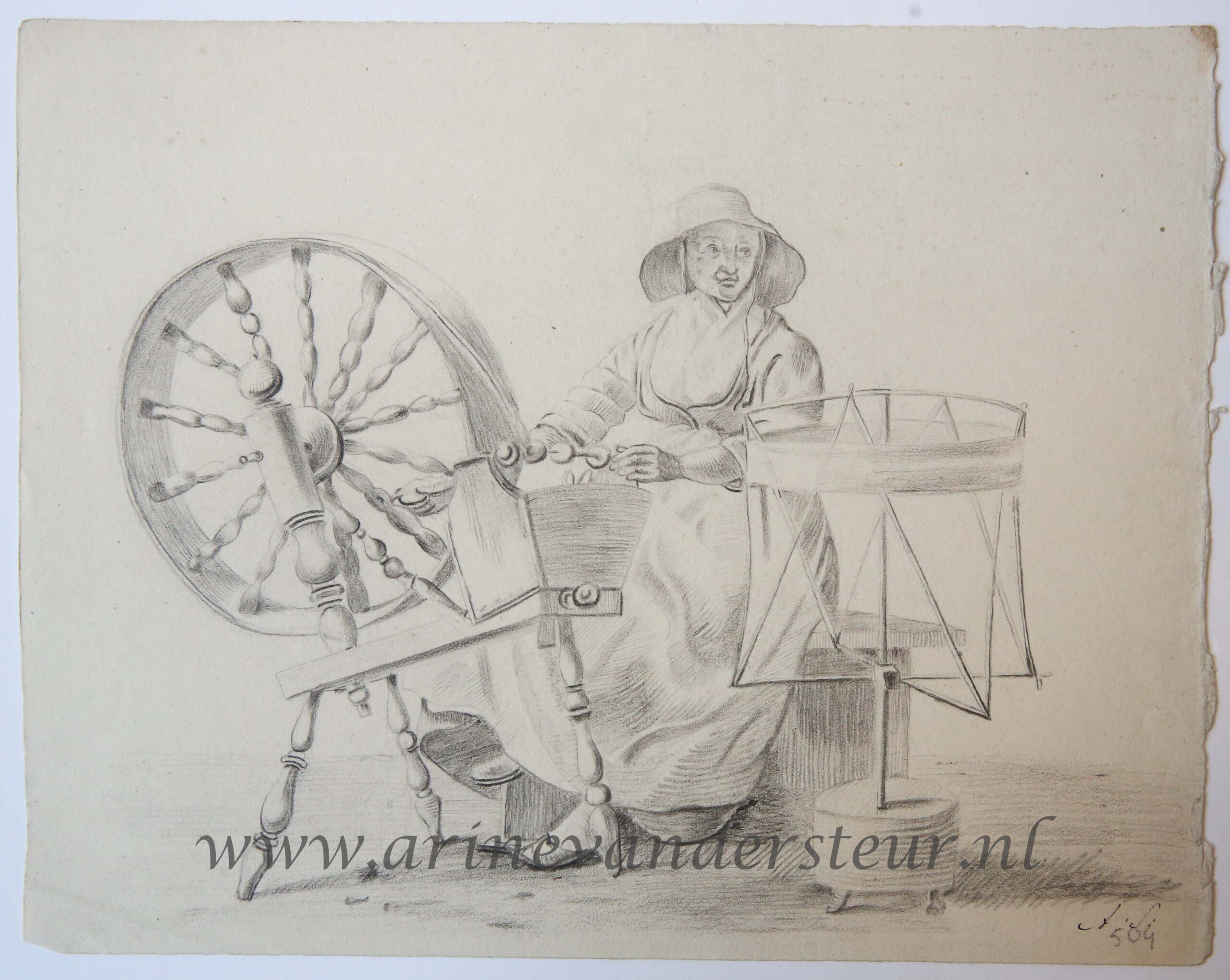 [Antique drawing] Woman at a spindle (vrouw bij spinnewiel), ca. 1850-1900.