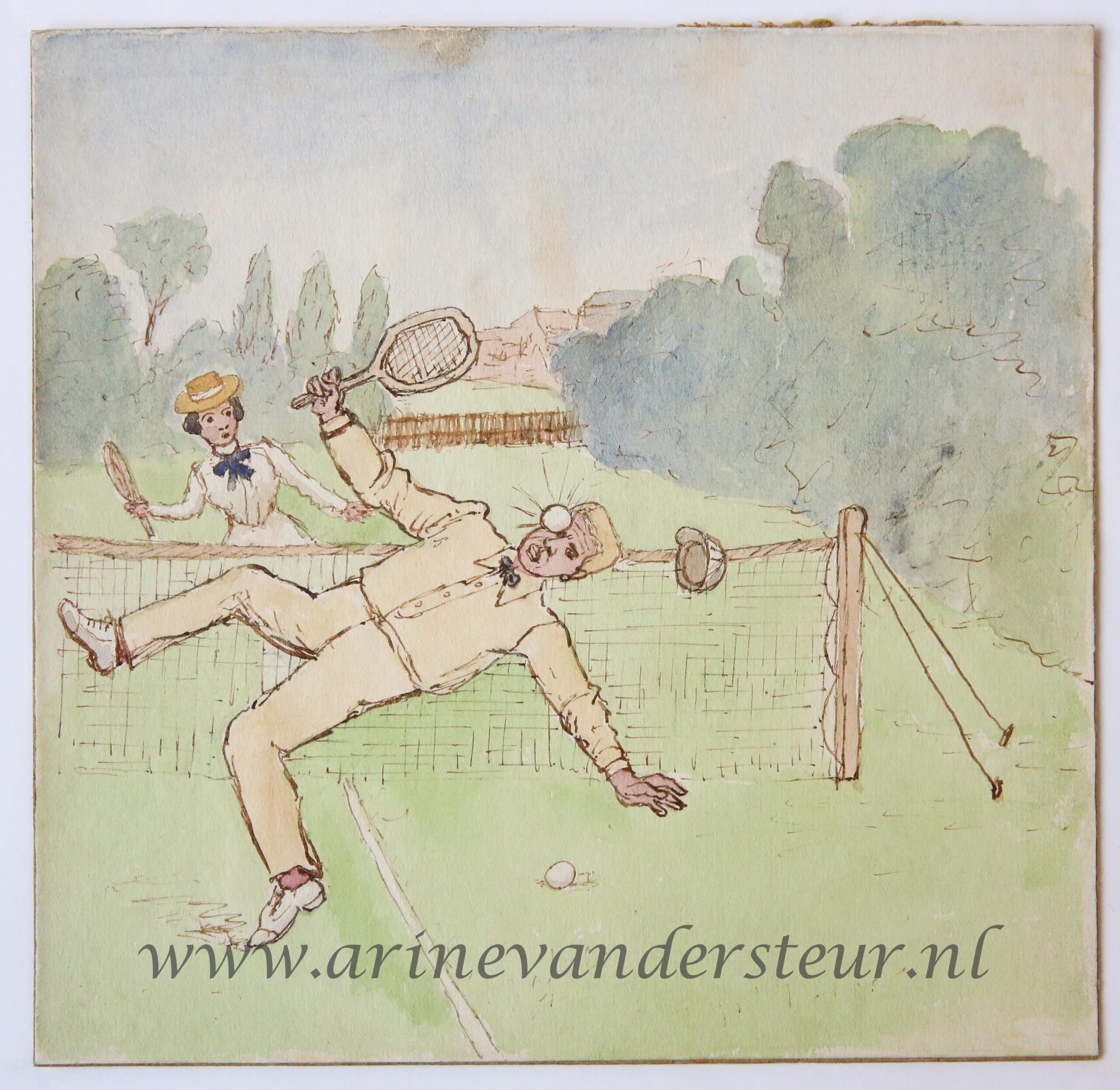 [Original drawing] Tennis (accident), ongeluk bij tennisspel, ca -1950.