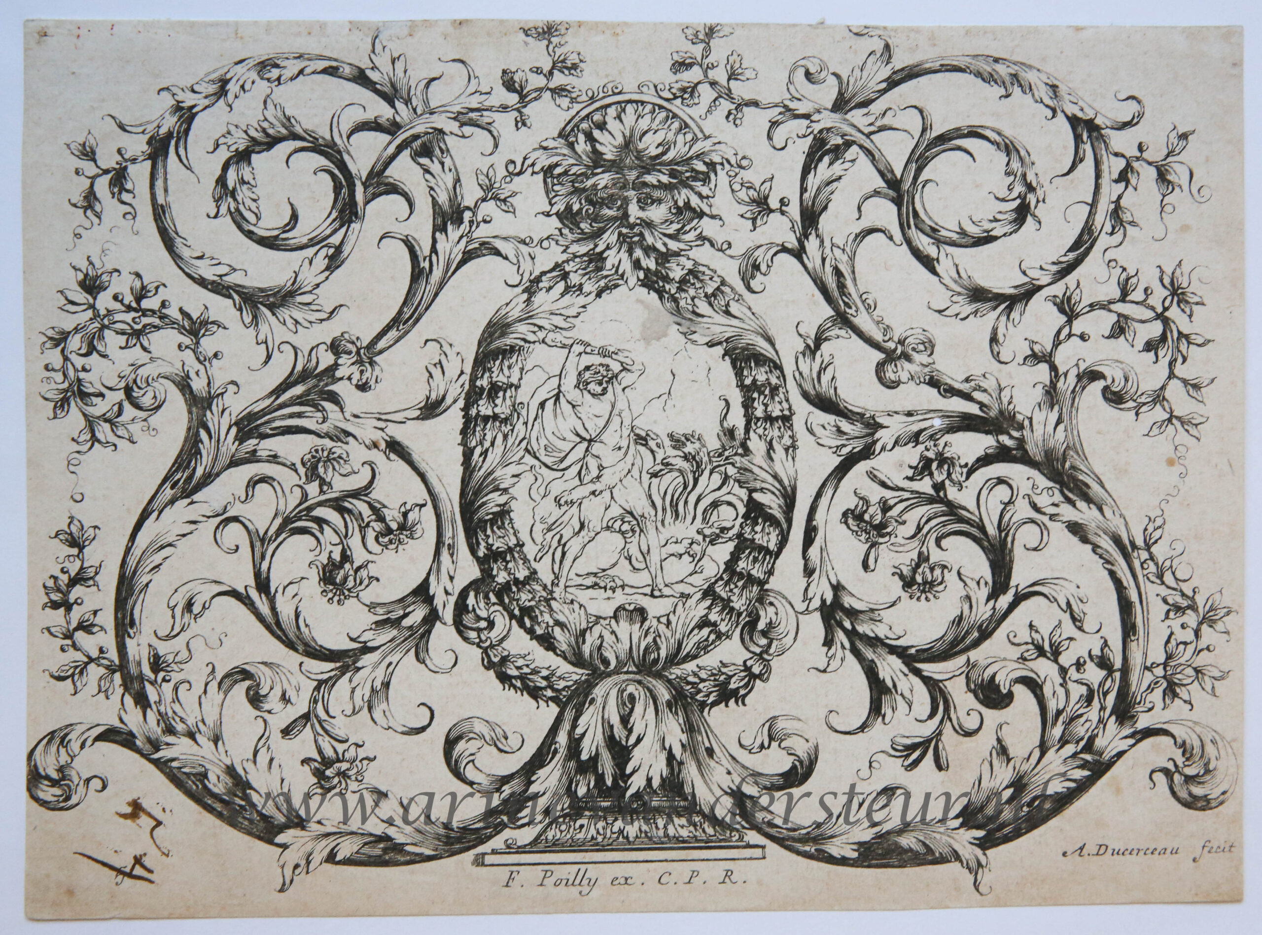 [Antique ornament print, etching] Poilly, Duceurceau, Ornament print with Hercules and Hydra, published 17th century, 1 p.