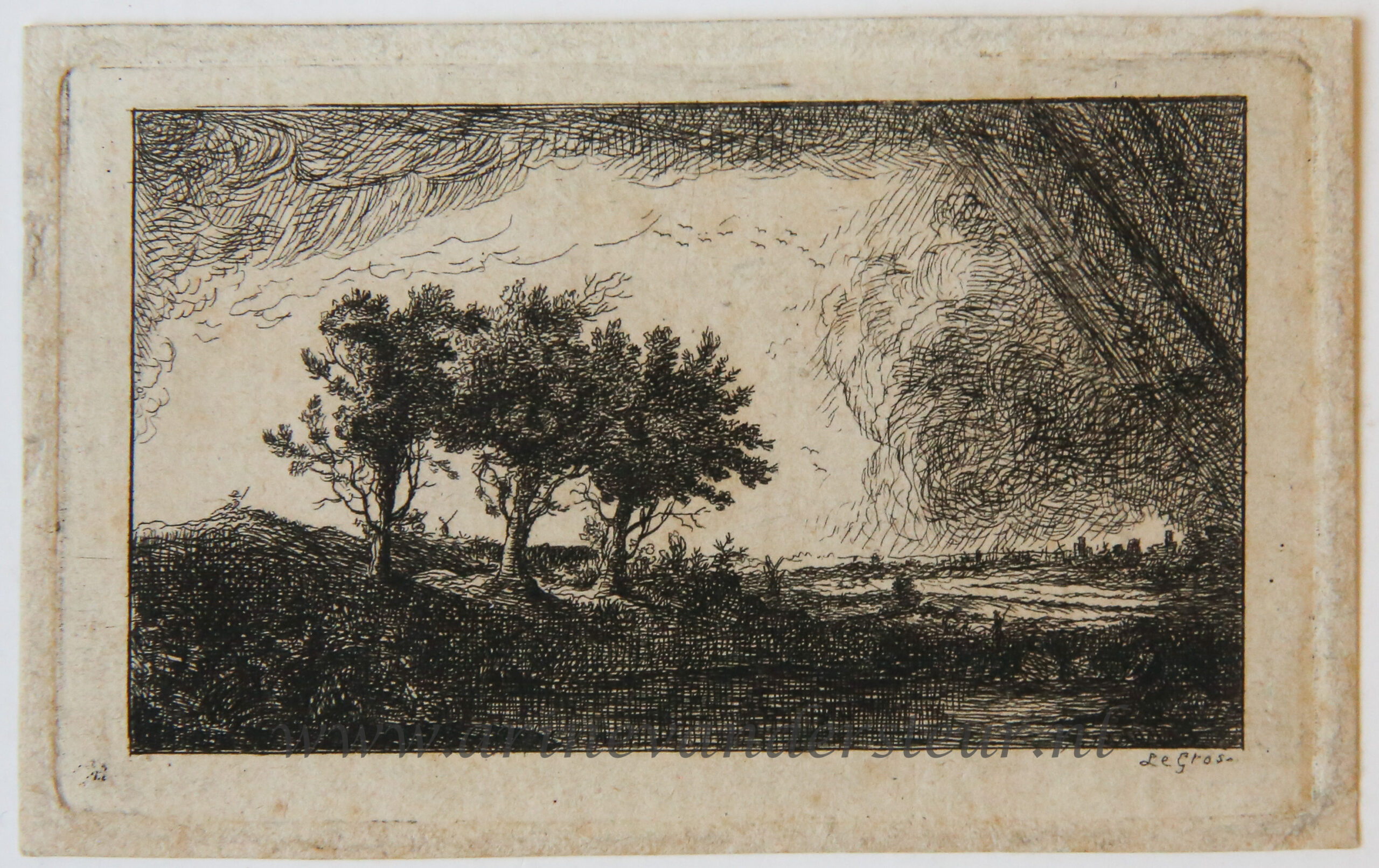 [Miniature antique print, etching] Salvator Legros, after Rembrandt, The three trees, published ca. 1788.