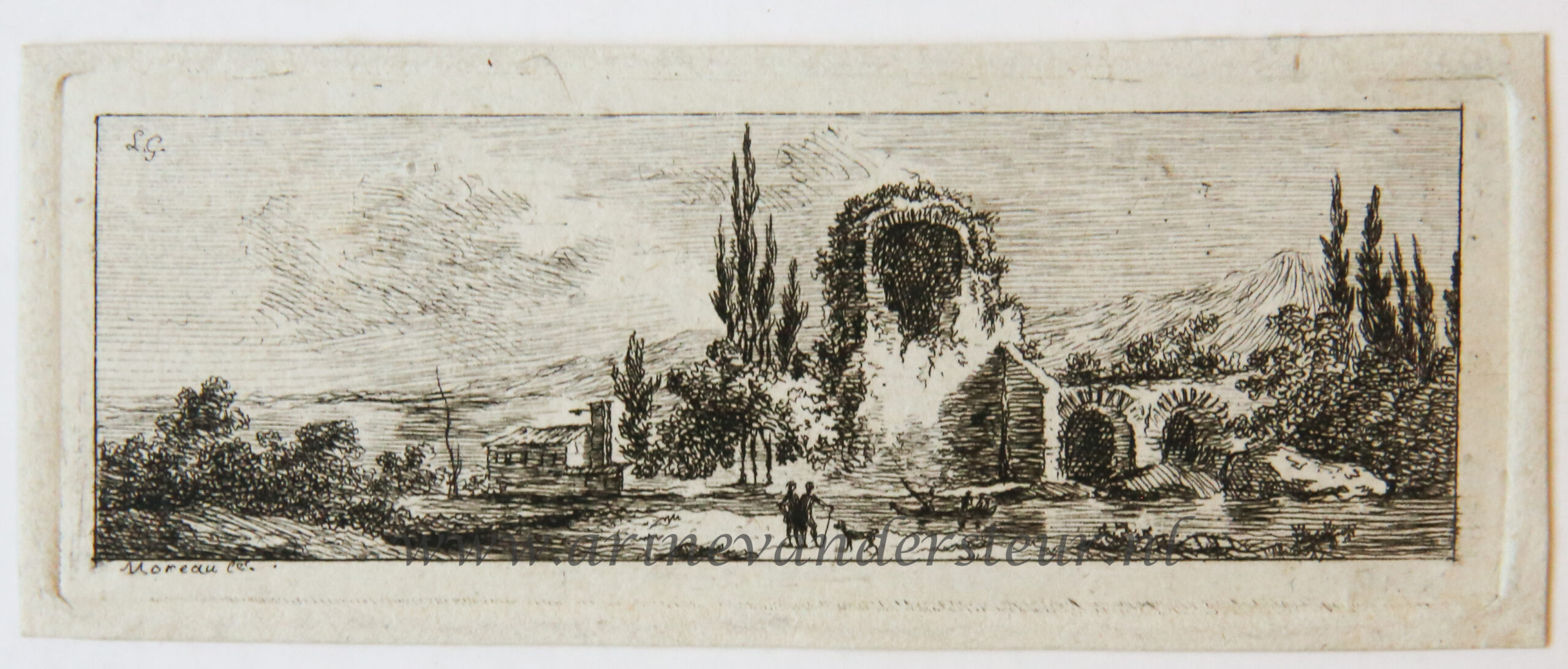 [Miniature antique print, etching] Salvator Legros, after Moreau, Landscape with ruins, published ca. 1788.