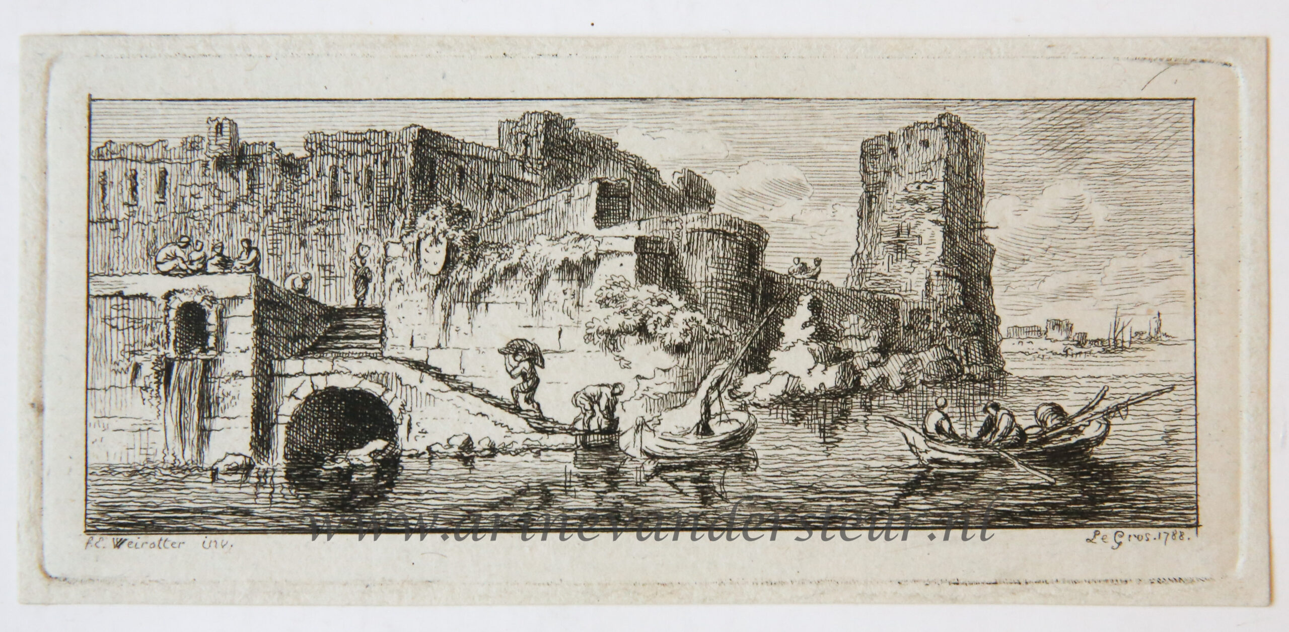 [Miniature antique print, etching] Salvator Legros, after Weirotter, River landscape with ruined buildings on the left, published 1788.