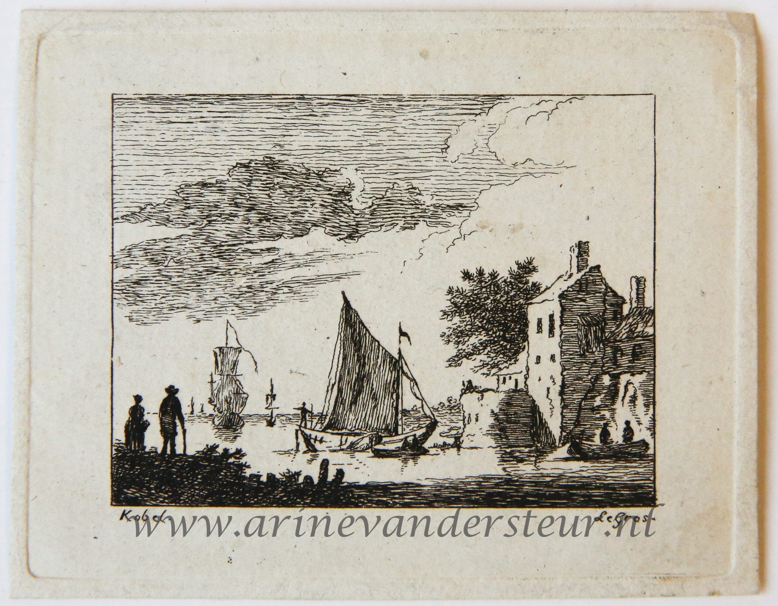 [Miniature antique print, etching] Salvator Legros, after H. Köbel, River landscape, published ca. 1788.