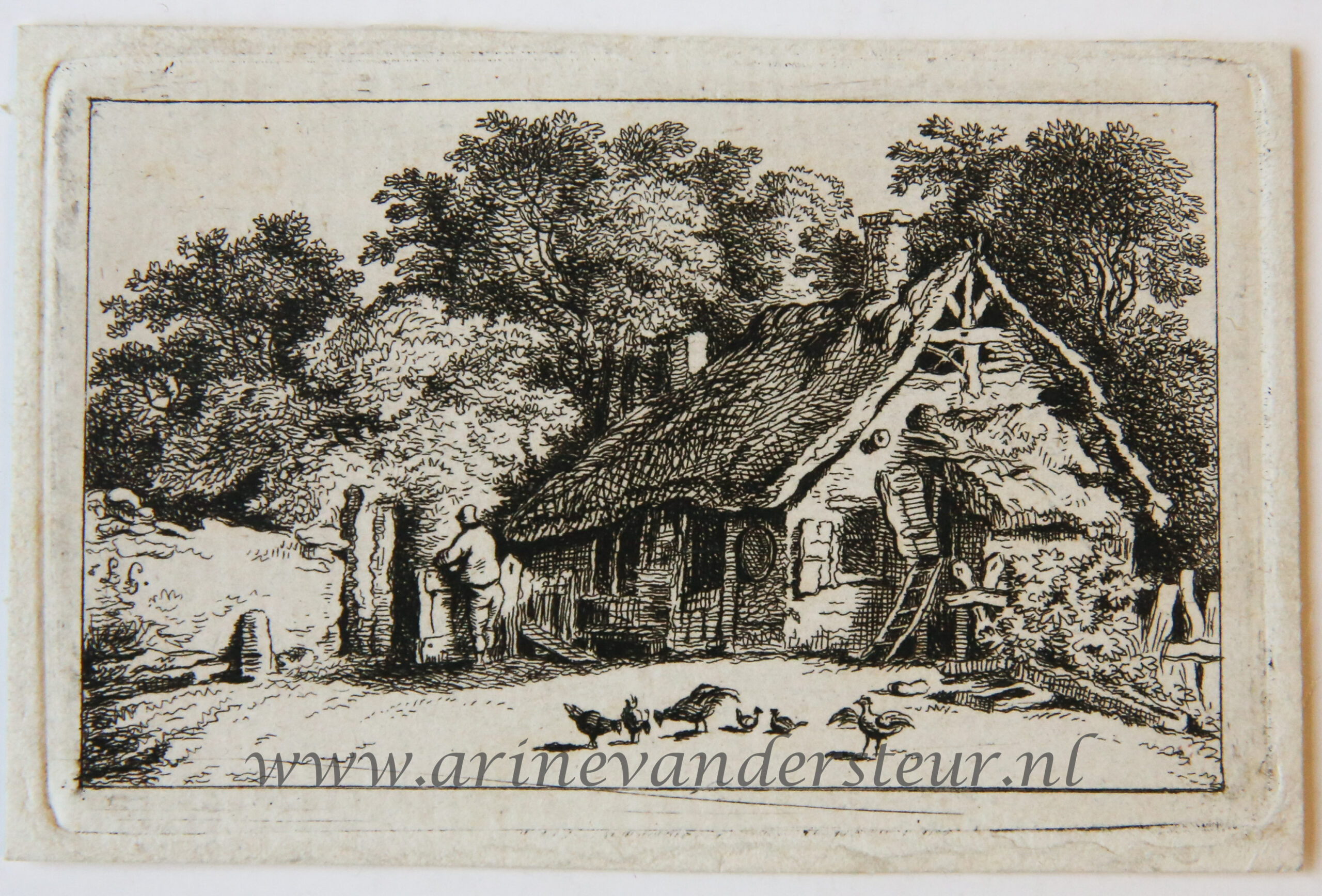 [Miniature antique print, etching] Salvator Legros, after H. Köbel, Barn and a yard, published ca. 1788.