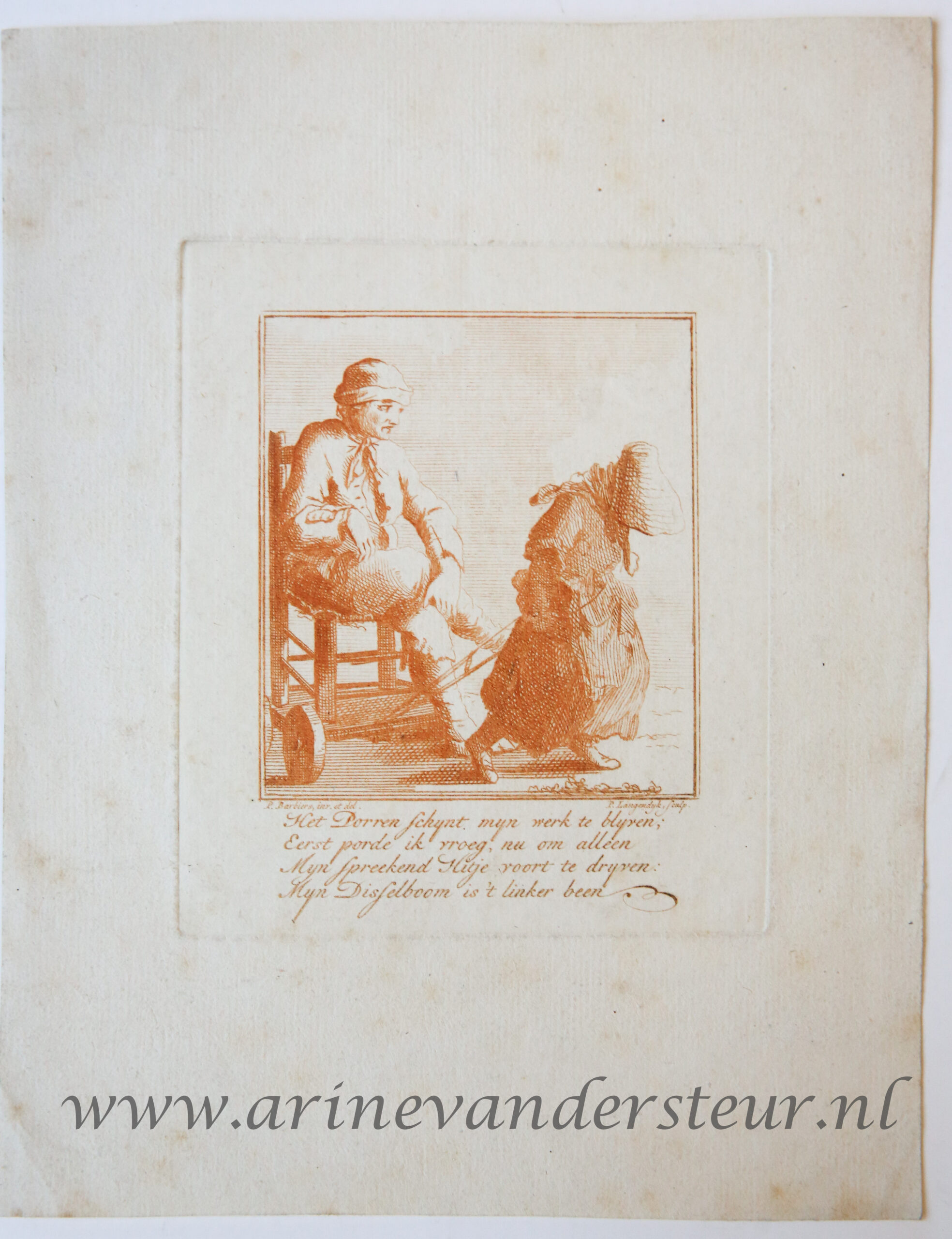[Antique print in red ink, engraving] P. Langendijk after P. Barbiers I, A disabled man, published ca. 1750.