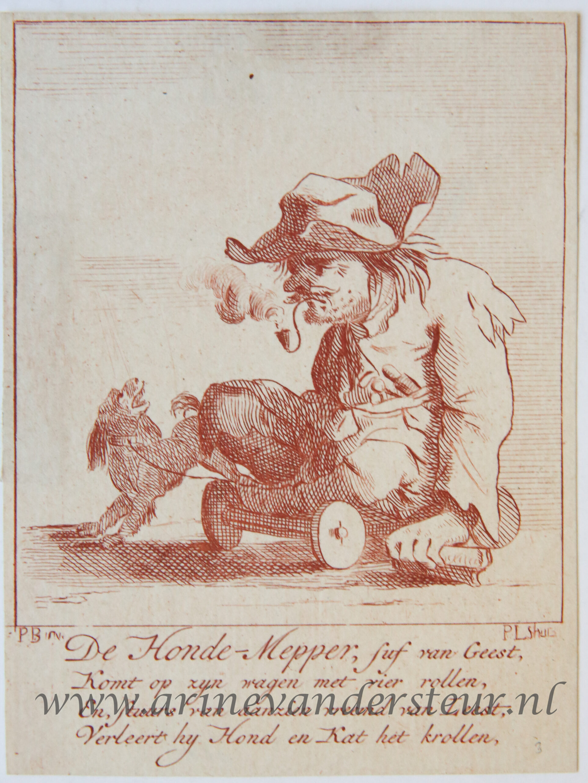 [Antique print in red ink, engraving] P. Langendijk after P. Barbiers I, A disabled man with a dog, published ca. 1750.