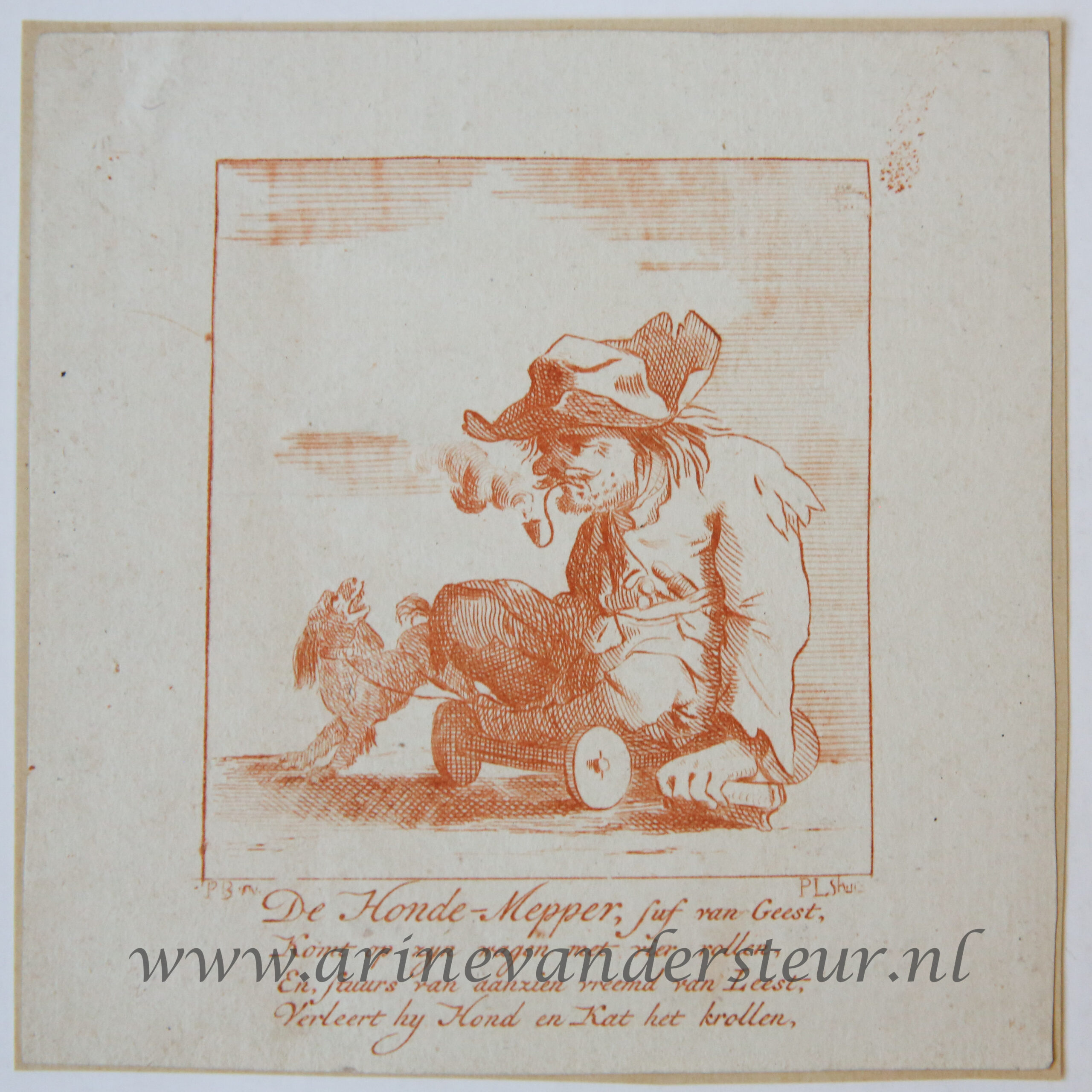 [Satirical antique print in red ink, engraving] P. Langendijk after P. Barbiers I, A disabled man with a dog, published ca. 1750.
