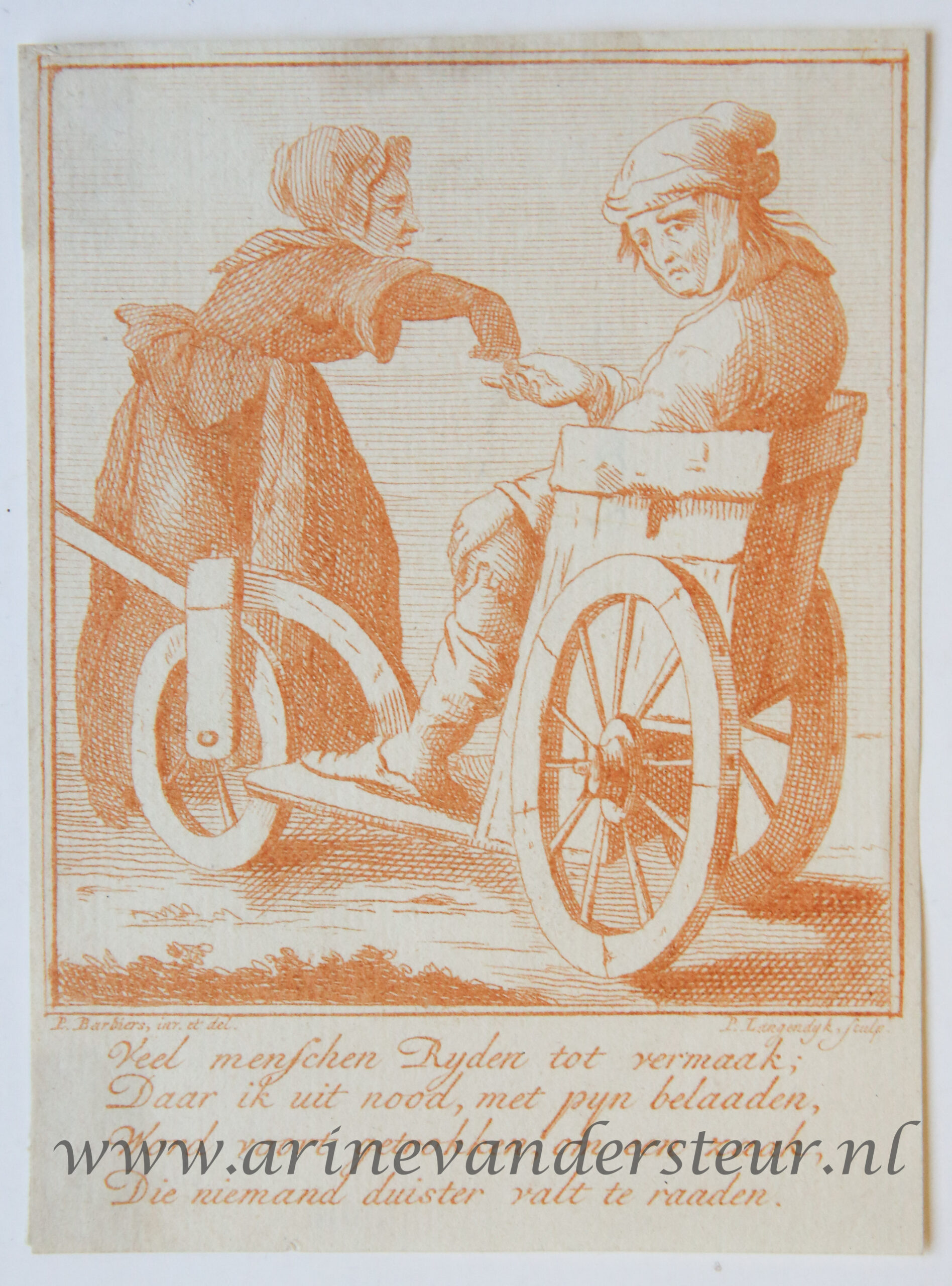 [Antique print in red ink, engraving] P. Langendijk after P. Barbiers I, A disabled man begging on the street, published ca. 1750.