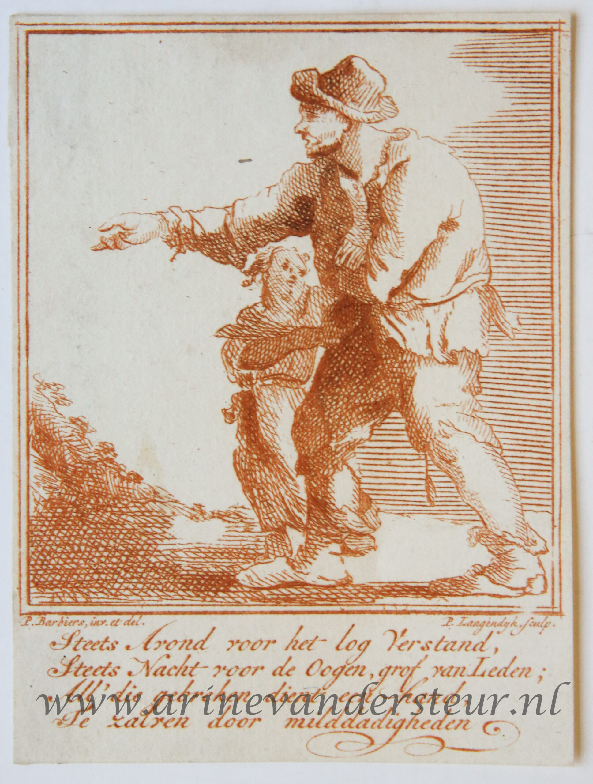 [Satirical antique print in red ink, engraving] P. Langendijk after P. Barbiers I, A man with a child begging on the street, published ca. 1750.