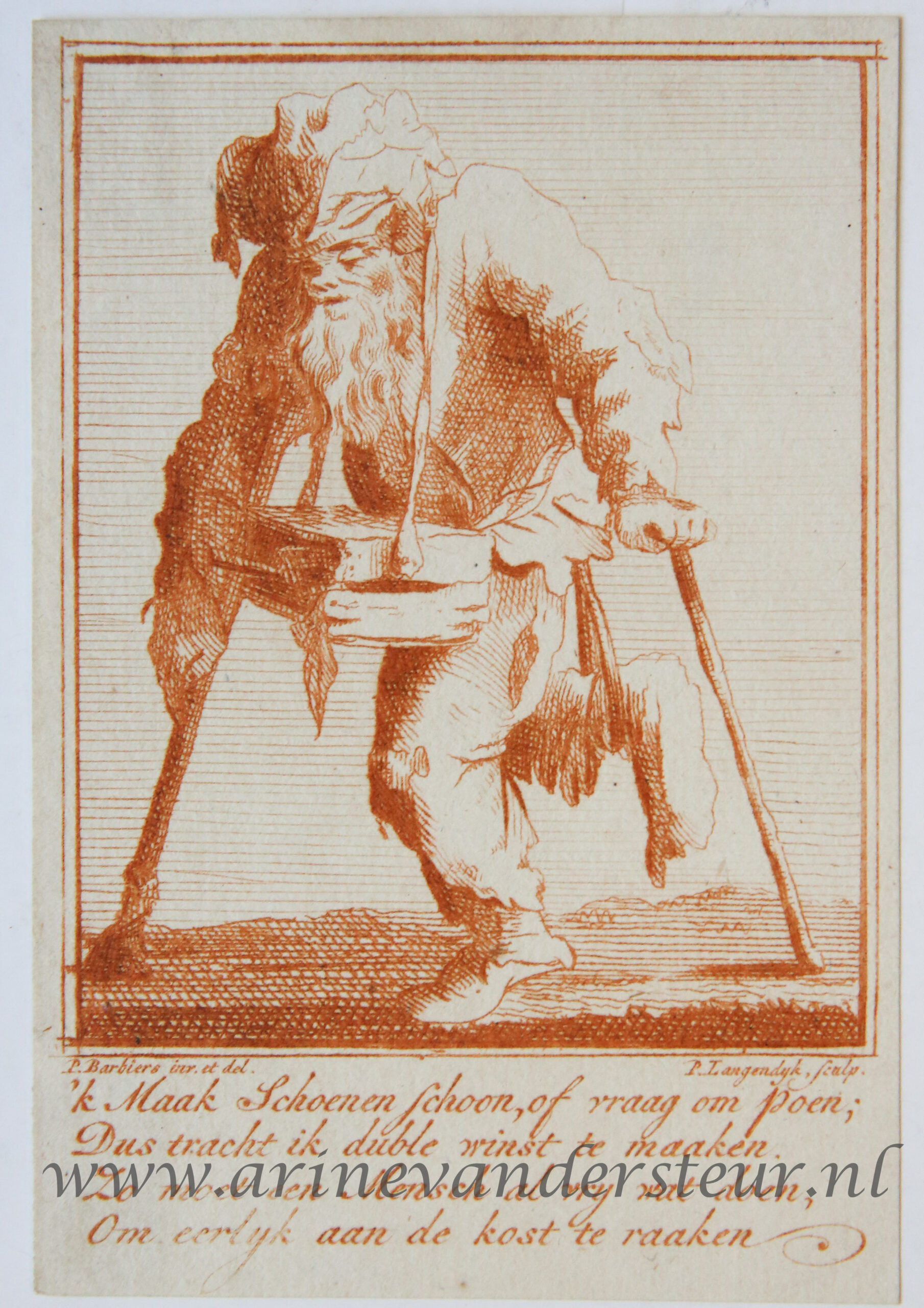 [Satirical antique print in red ink, engraving] P. Langendijk after P. Barbiers I, A disabled man on crutches [shoeshiner], published ca. 1750.