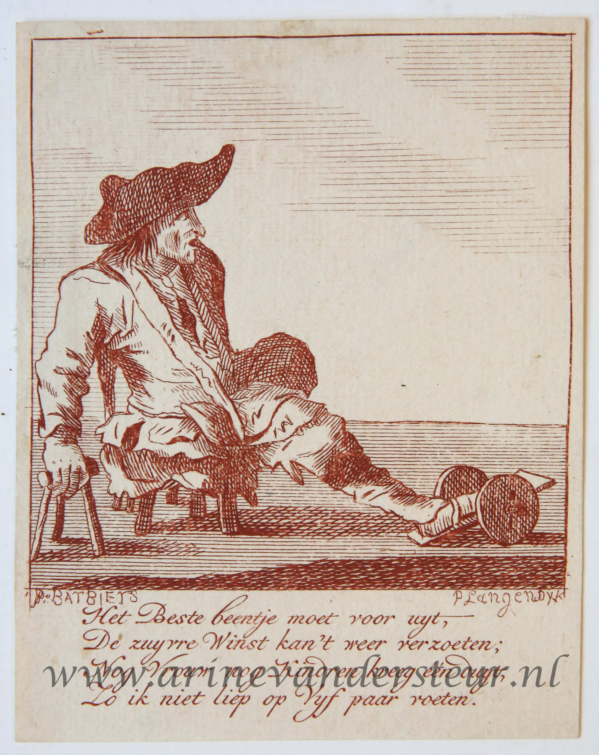 [Satirical antique print in red ink, engraving] P. Langendijk after P. Barbiers I, A disabled man seated on a small stool, published ca. 1750.